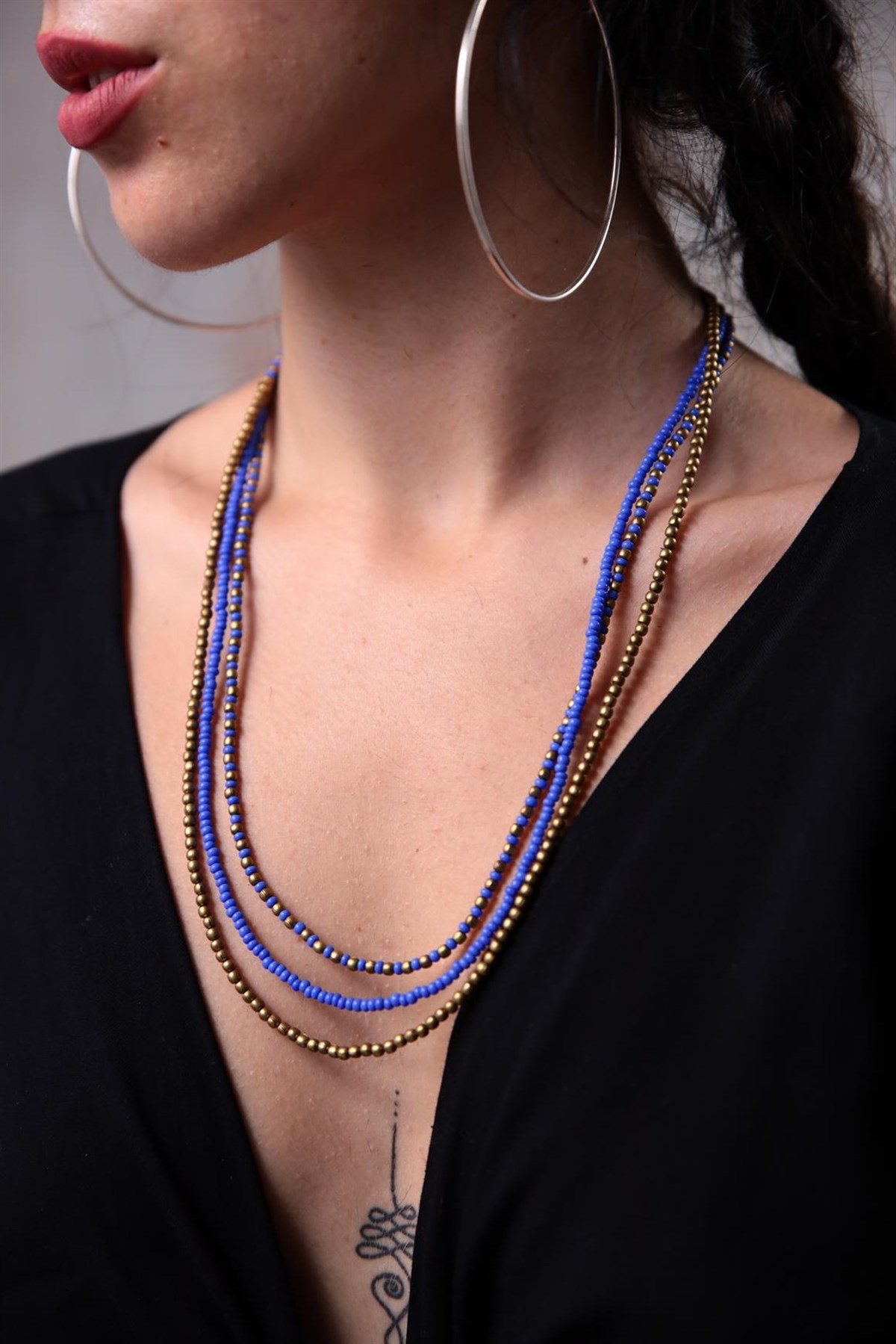  Mavi Doğal Taşlı Bronz Boncuklu Çoklu Tasarım Kolye