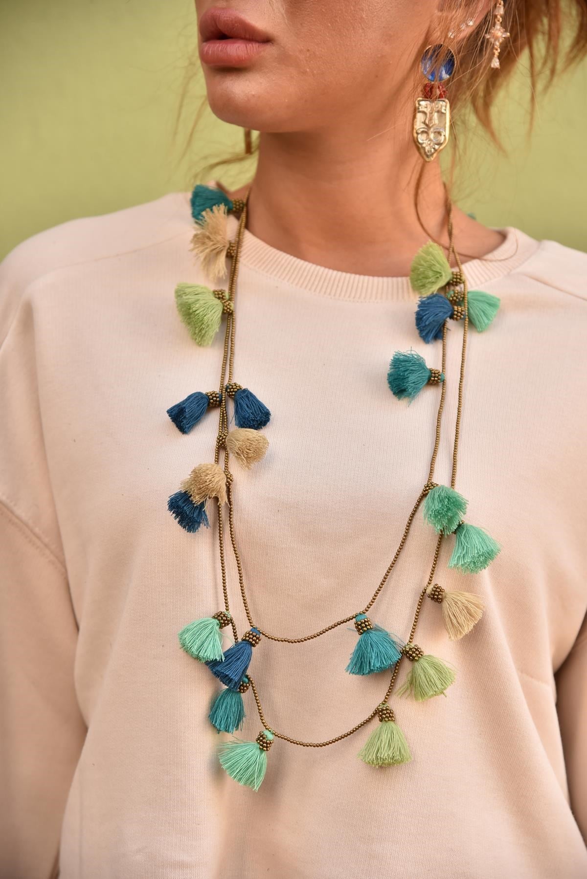 Mavi Püsküllü Çift Katlı Bronz Kolye - Şaman Butik Mavi Püsküllü Çift Katlı Bronz Kolye