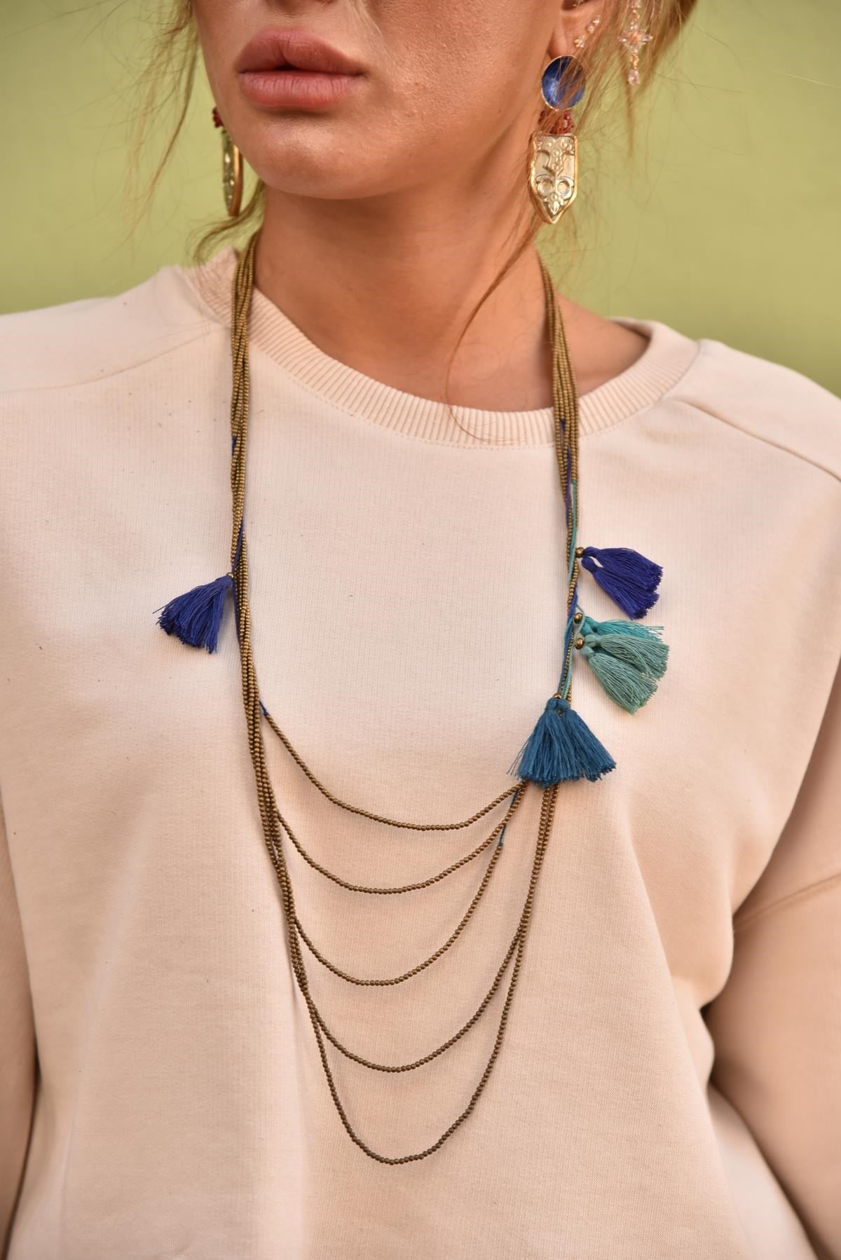 Mavi Püsküllü Katlı Bronz Kolye - Şaman Butik Mavi Püsküllü Katlı Bronz Kolye