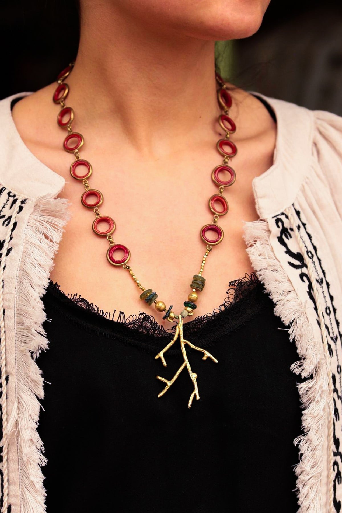 Mercan Eski Cam El Yapımı Bronz Tasarım Kolye - Şaman Butik Mercan Eski Cam El Yapımı Bronz Tasarım Kolye