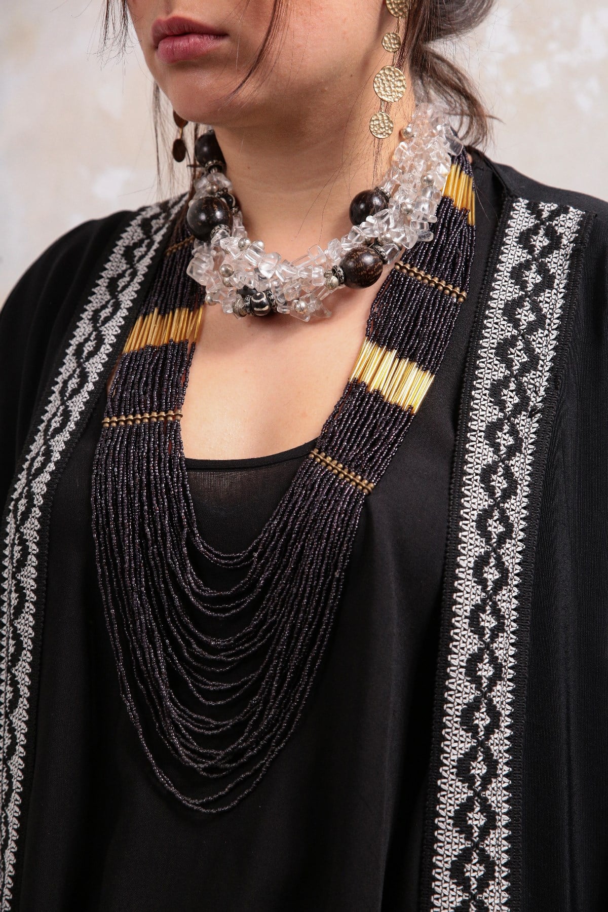 Mor Doğal Taşlı Bronz Parçalı Tasarım Uzun Gerdanlık - Şaman Butik Mor Doğal Taşlı Bronz Parçalı Tasarım Uzun Gerdanlık