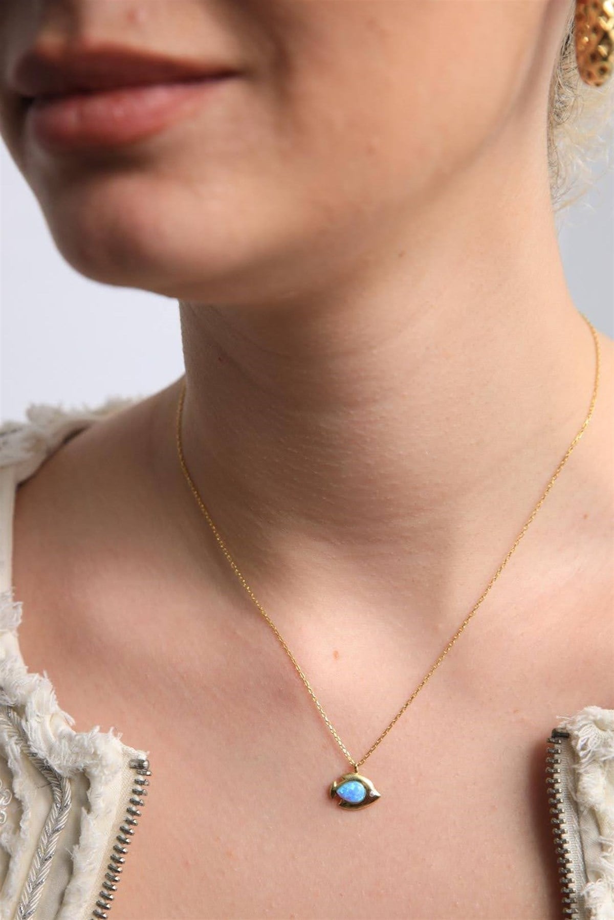  Opal Ve Kristal Taşlı Balık Tasarım Gümüş Kolye