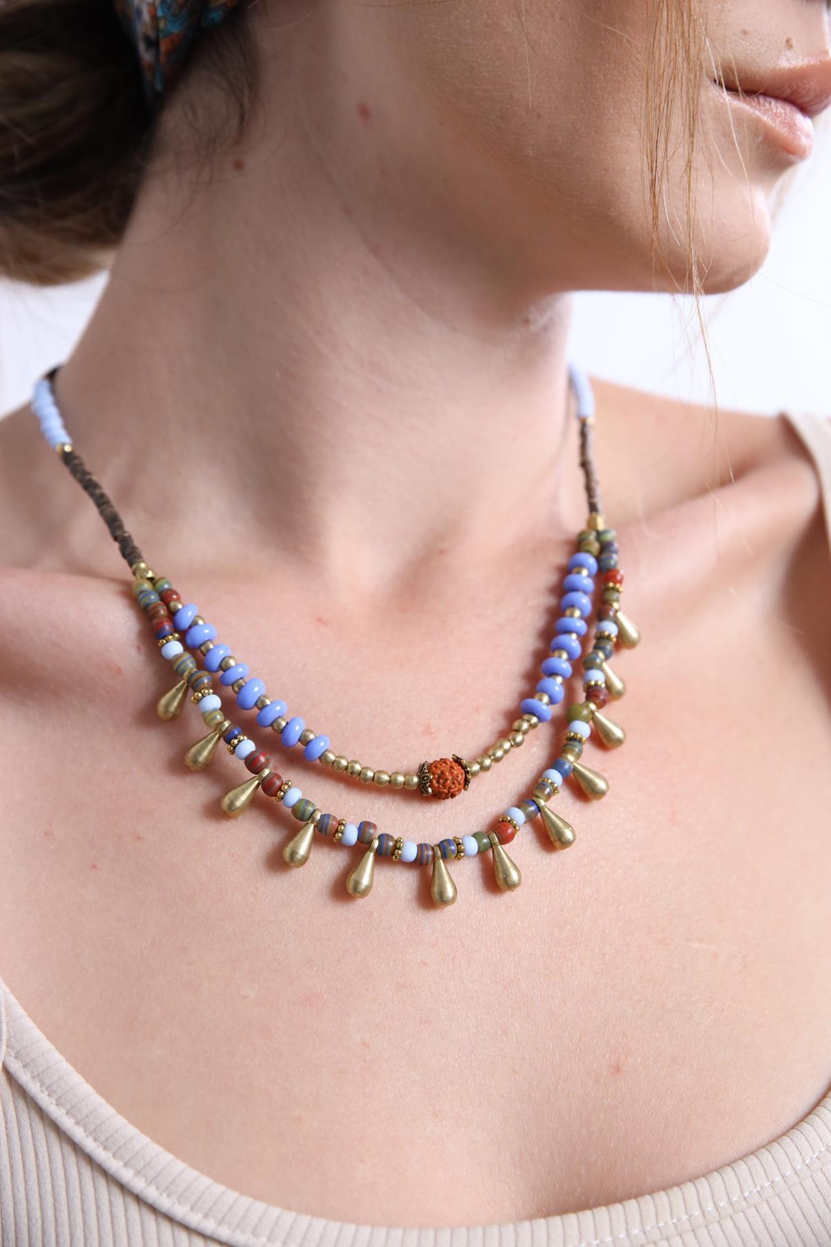 Renkli Lav Taşlı Bronz Detaylı Çift Kolye - Şaman Butik Renkli Lav Taşlı Bronz Detaylı Çift Kolye