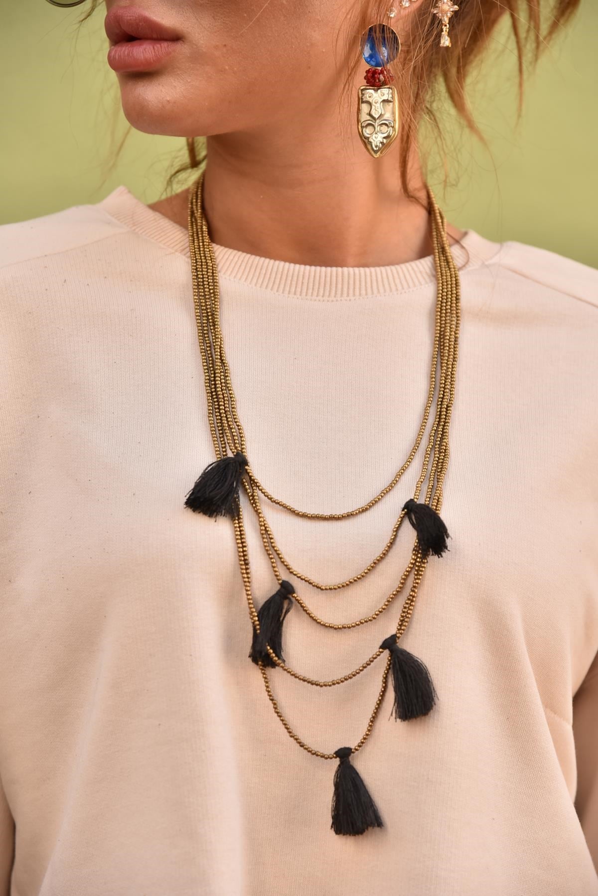 Siyah Püsküllü Katlı Bronz Kolye - Şaman Butik Siyah Püsküllü Katlı Bronz Kolye