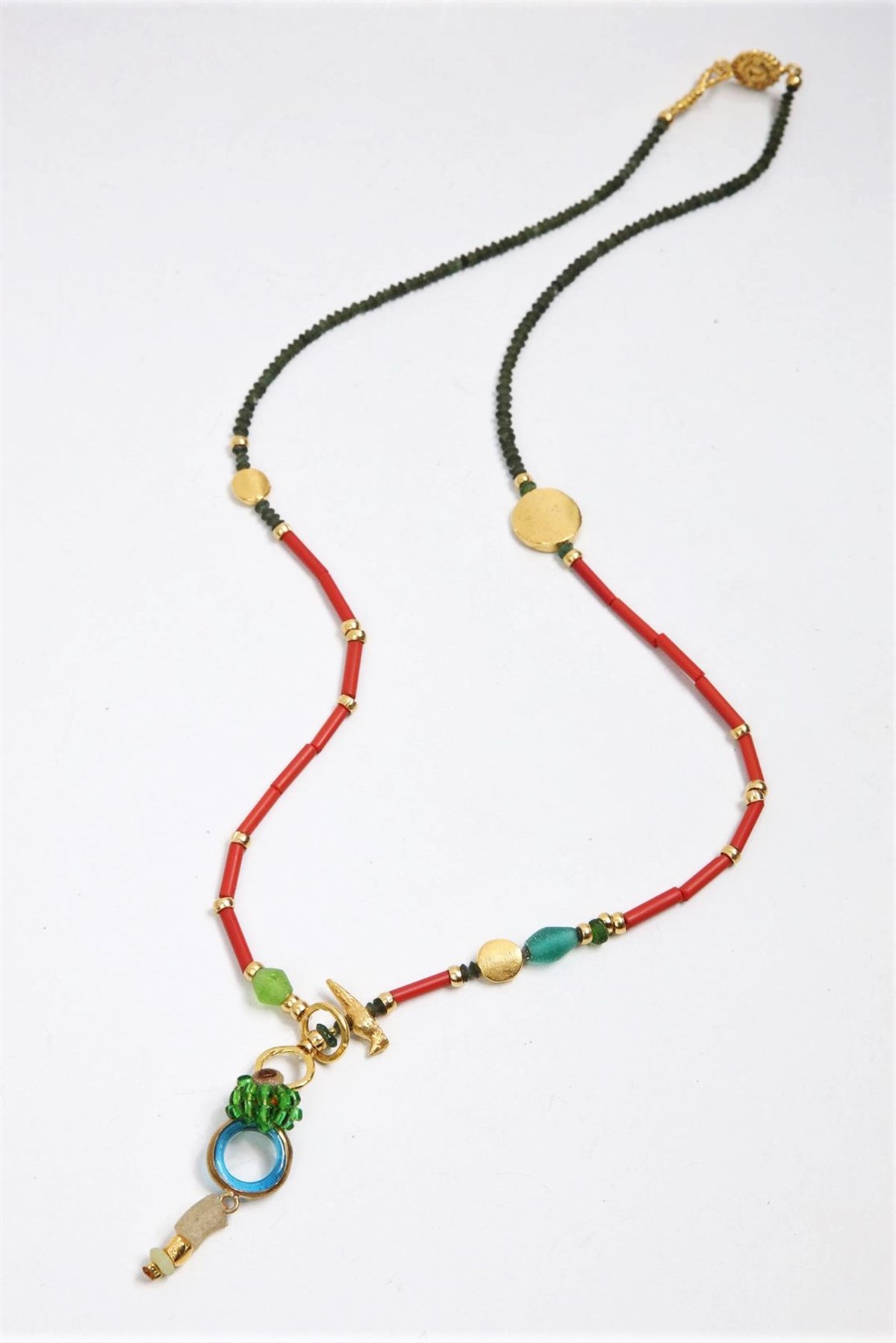  Yeşil Böğürtlen Tasarım Bronz Mercan Ve Yeşim Taşlı Kolye