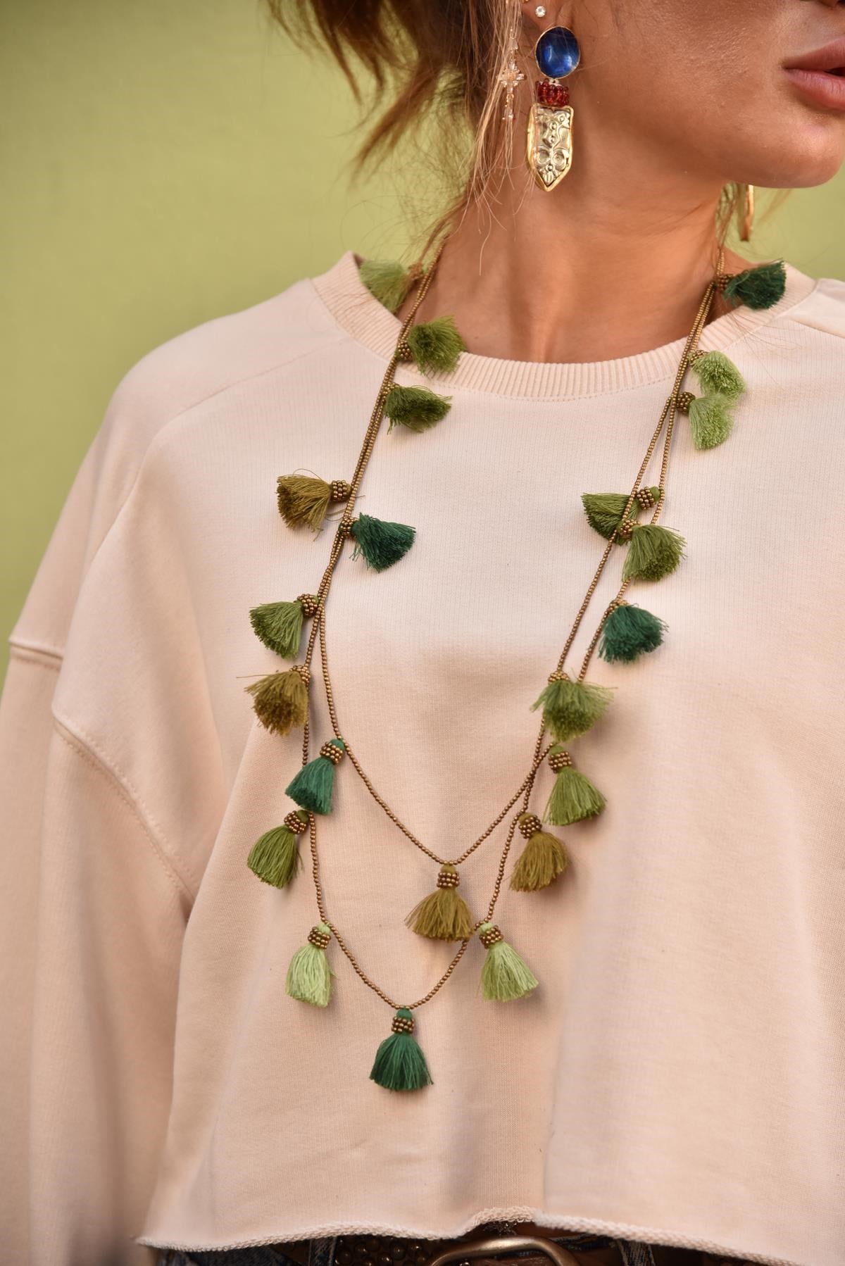 Yeşil Püsküllü Çift Katlı Bronz Kolye - Şaman Butik Yeşil Püsküllü Çift Katlı Bronz Kolye