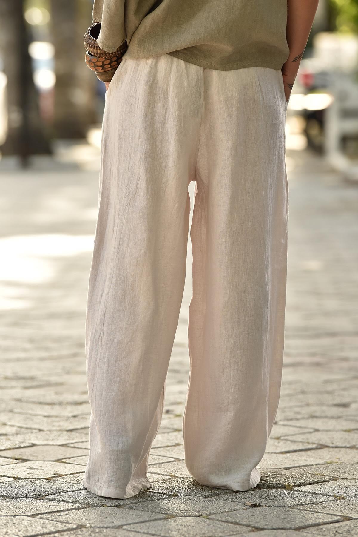 Cream Wide Leg Linen Pants - Şaman Butik | Boho Fashion