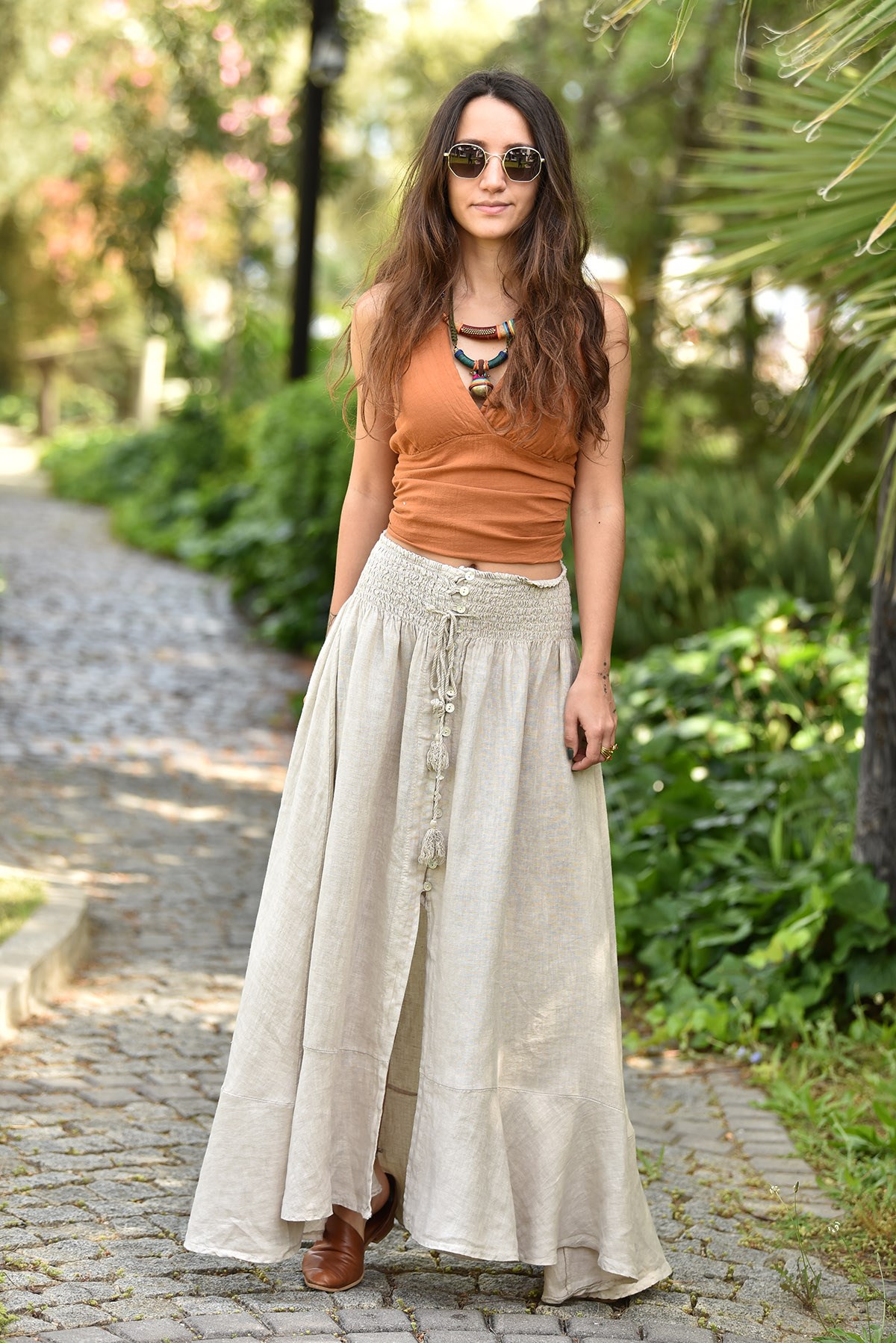 Cream Front Buttoned Linen Long Skirt - Şaman Butik | Boho Fashion