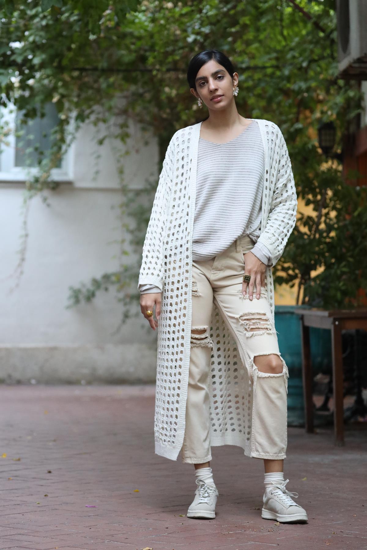 Krem Rengi Ajurlu Uzun Hırka