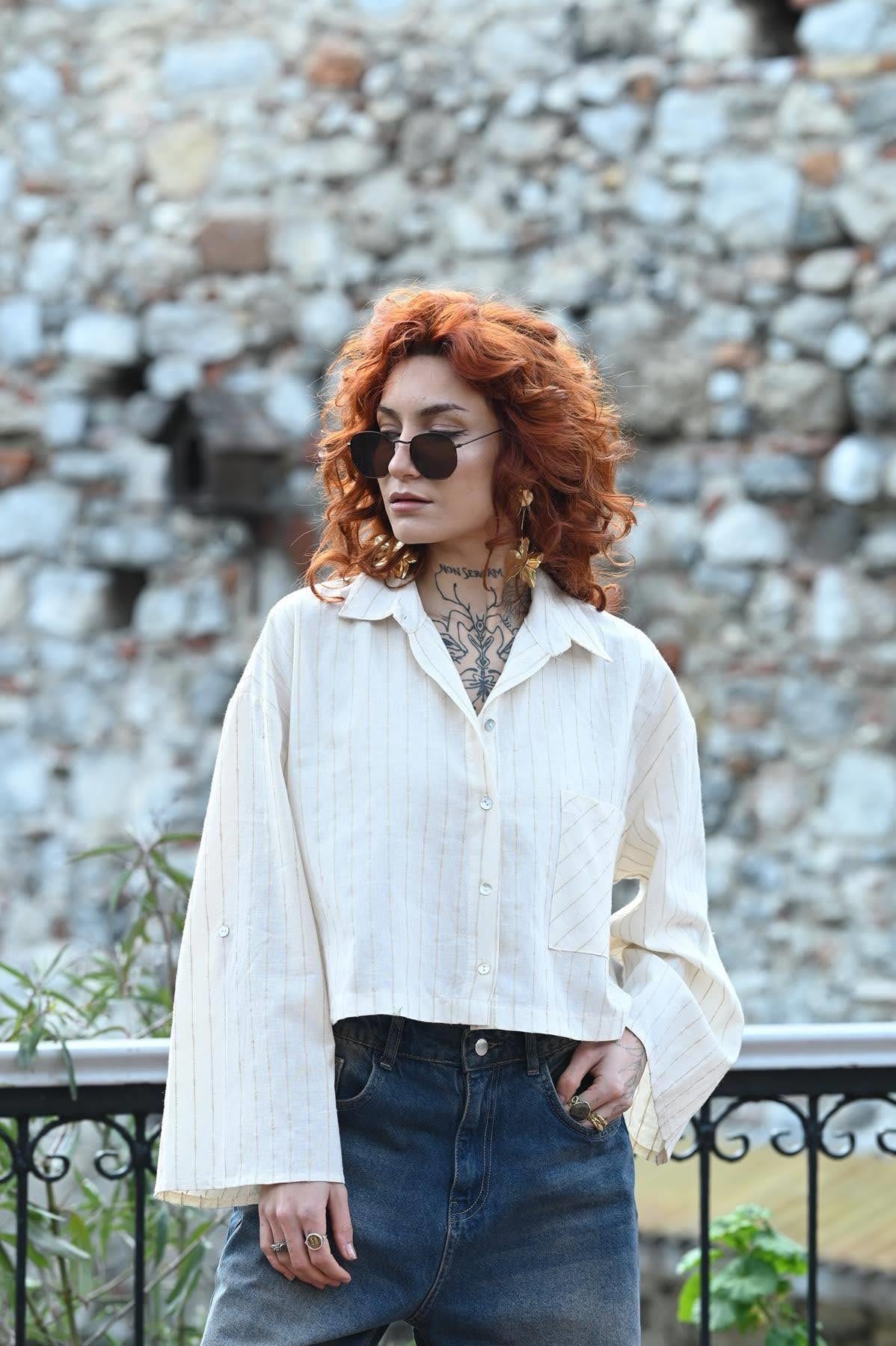 Cream Striped Linen Crop Shirt