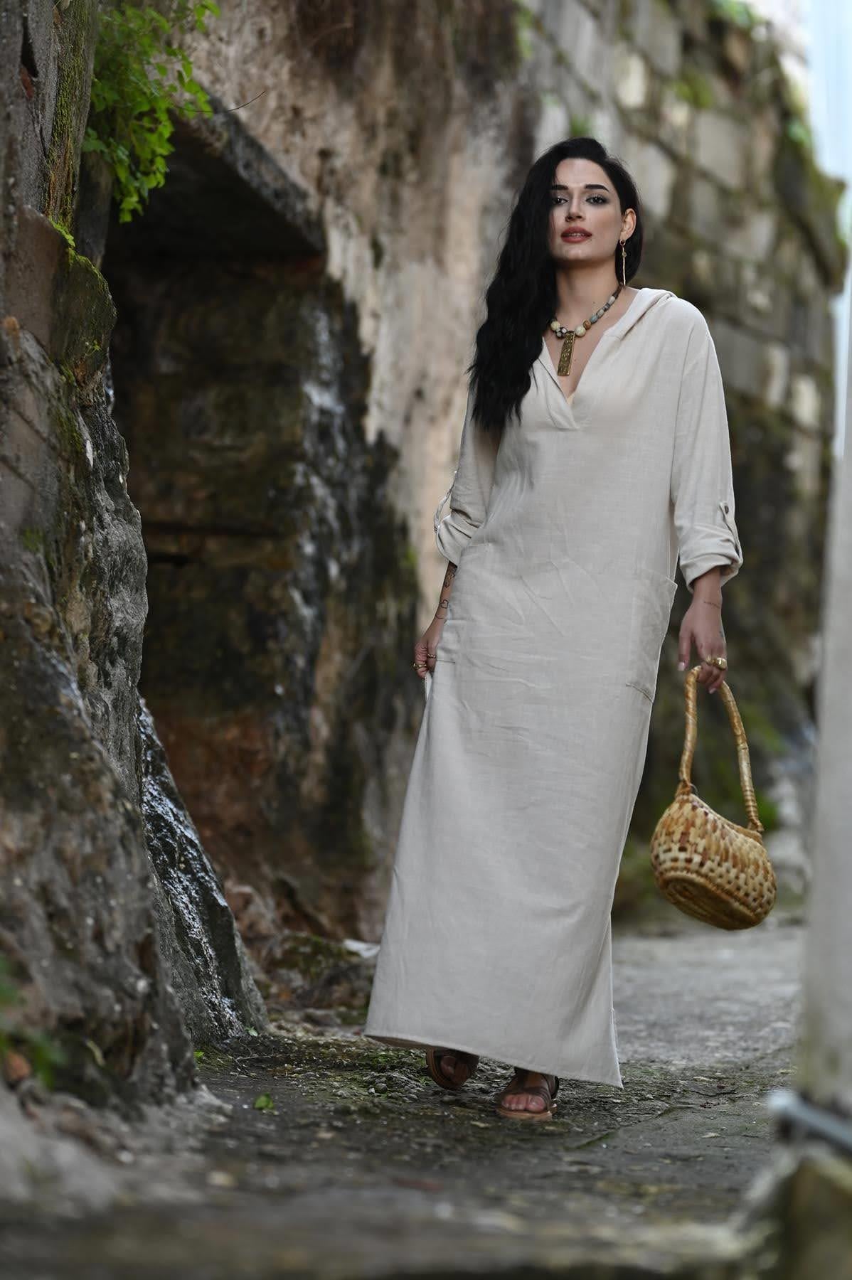 Cream Hooded Double Pocket Slit Linen Dress