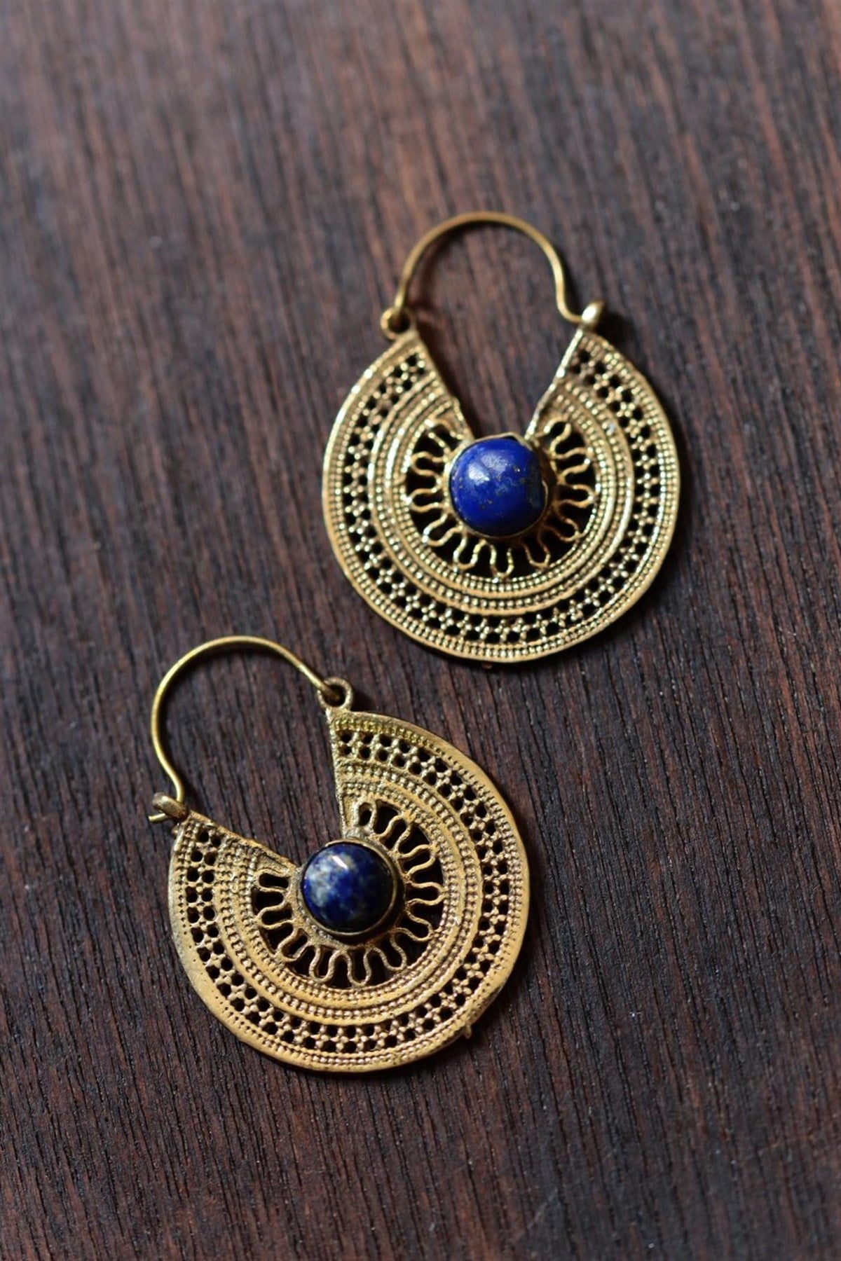  Bronz Antik İşlemeli Doğal Taşlı Tasarım Küpe