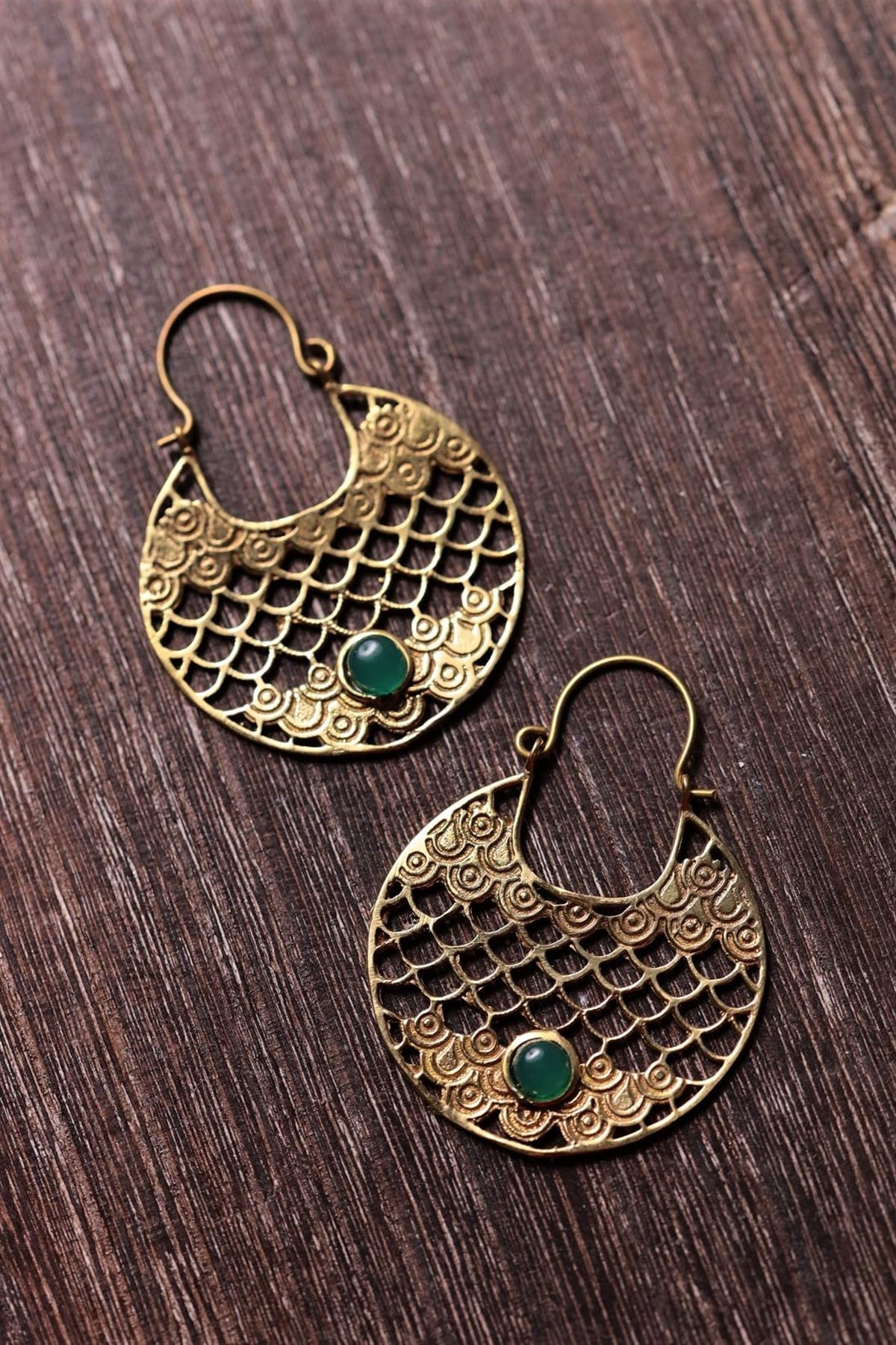  Bronz Antik İşlemeli Doğal Taşlı Tasarım Küpe