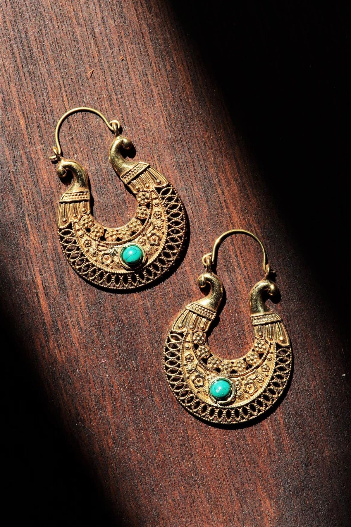  Bronz Antik İşlemeli Doğal Taşlı Tasarım Küpe