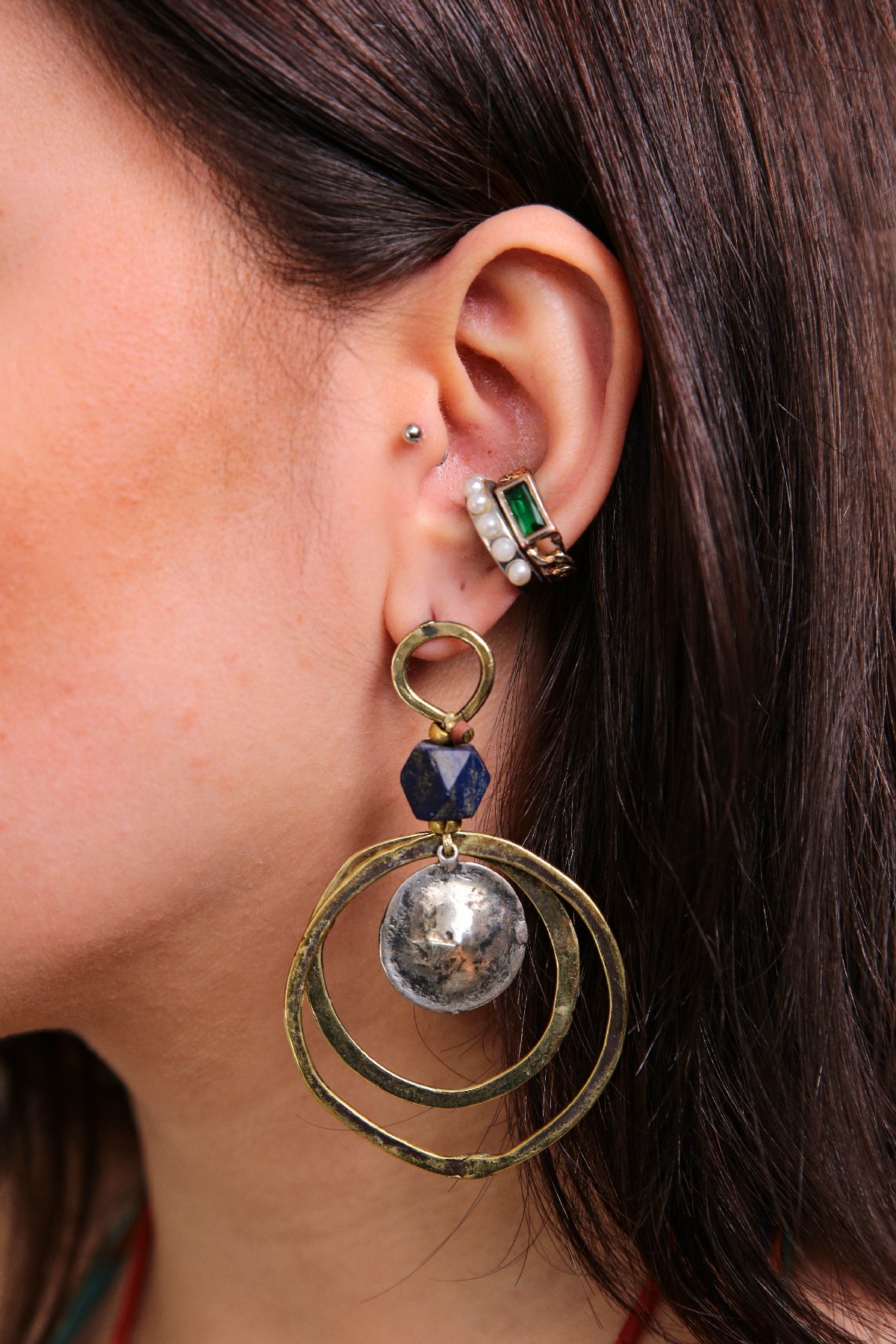 Bronze Double Ring Silver Detailed Lapis Stone Earrings - Saman Butik | Shop online Bronze Double Ring Silver Detailed Lapis Stone Earrings