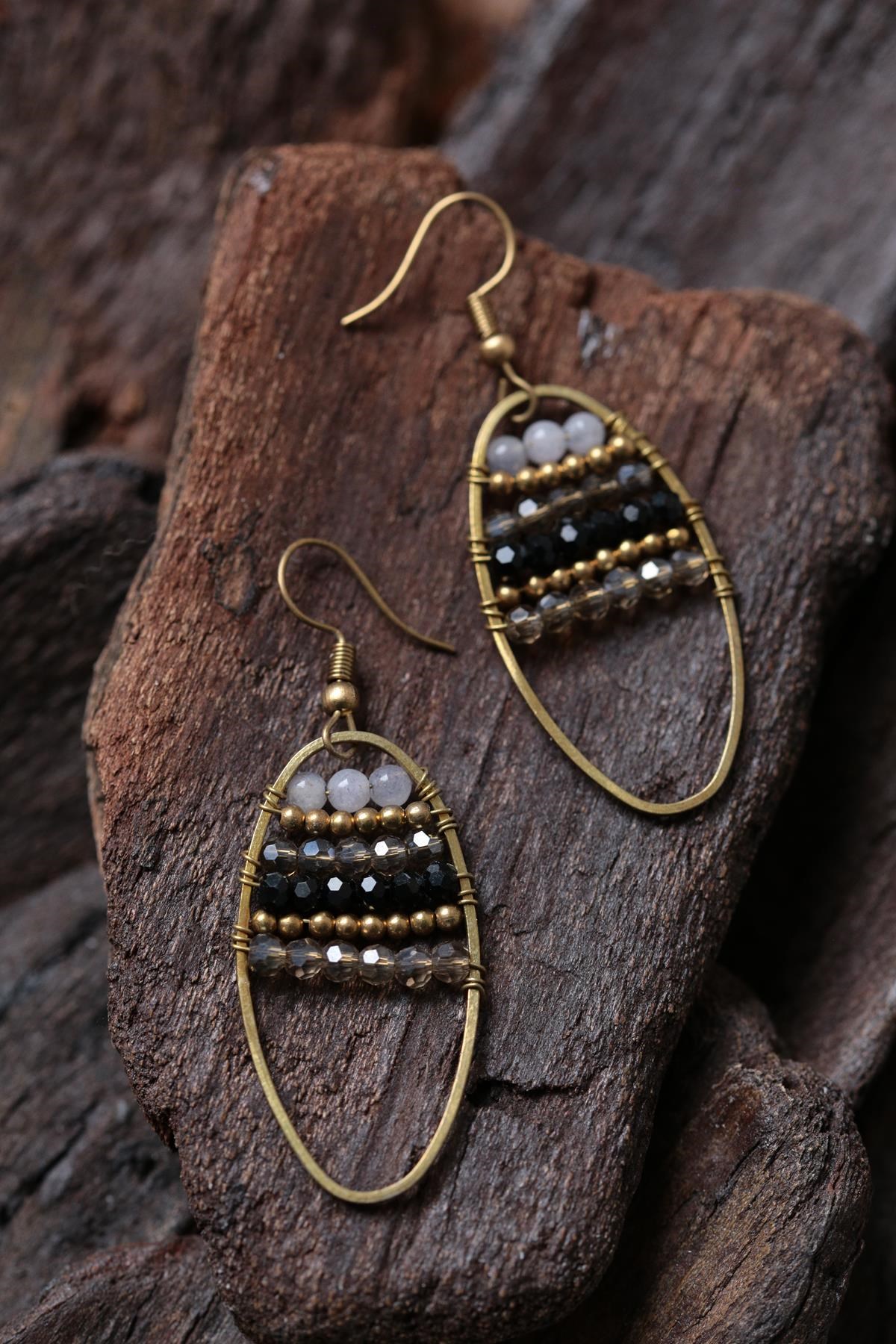 Bronz Oval Tasarım Doğal Kristal Taşlı Küpe - Şaman Butik Bronz Oval Tasarım Doğal Kristal Taşlı Küpe
