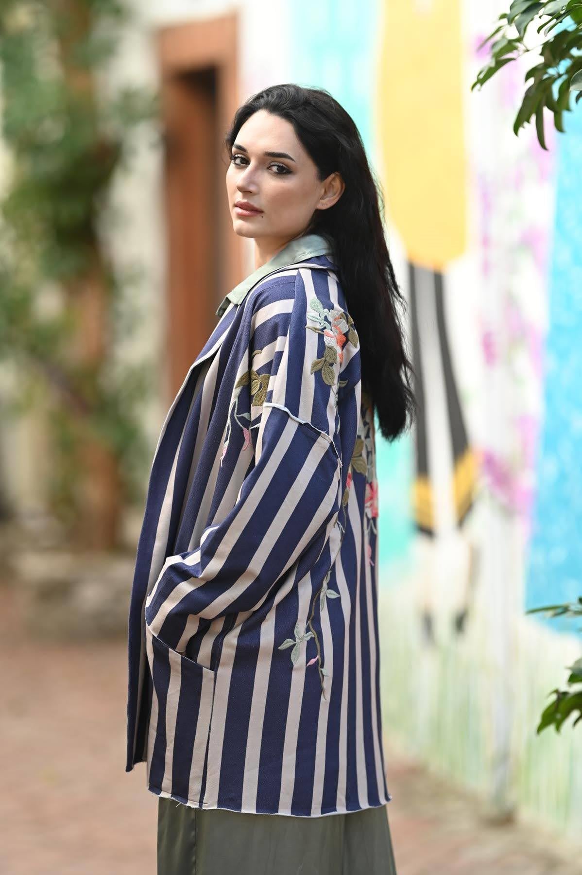 Navy Blue Stitching Detail Striped Jacket