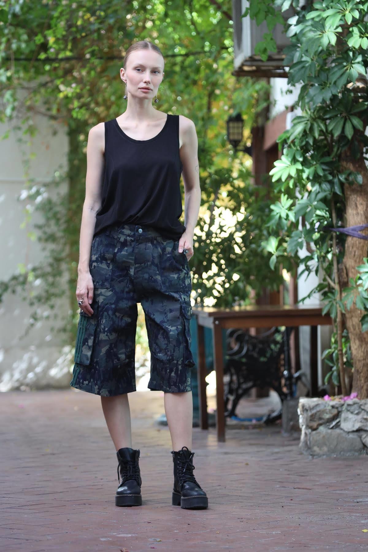 Lacivert Kamuflaj Baskılı Kot Bermuda Şort