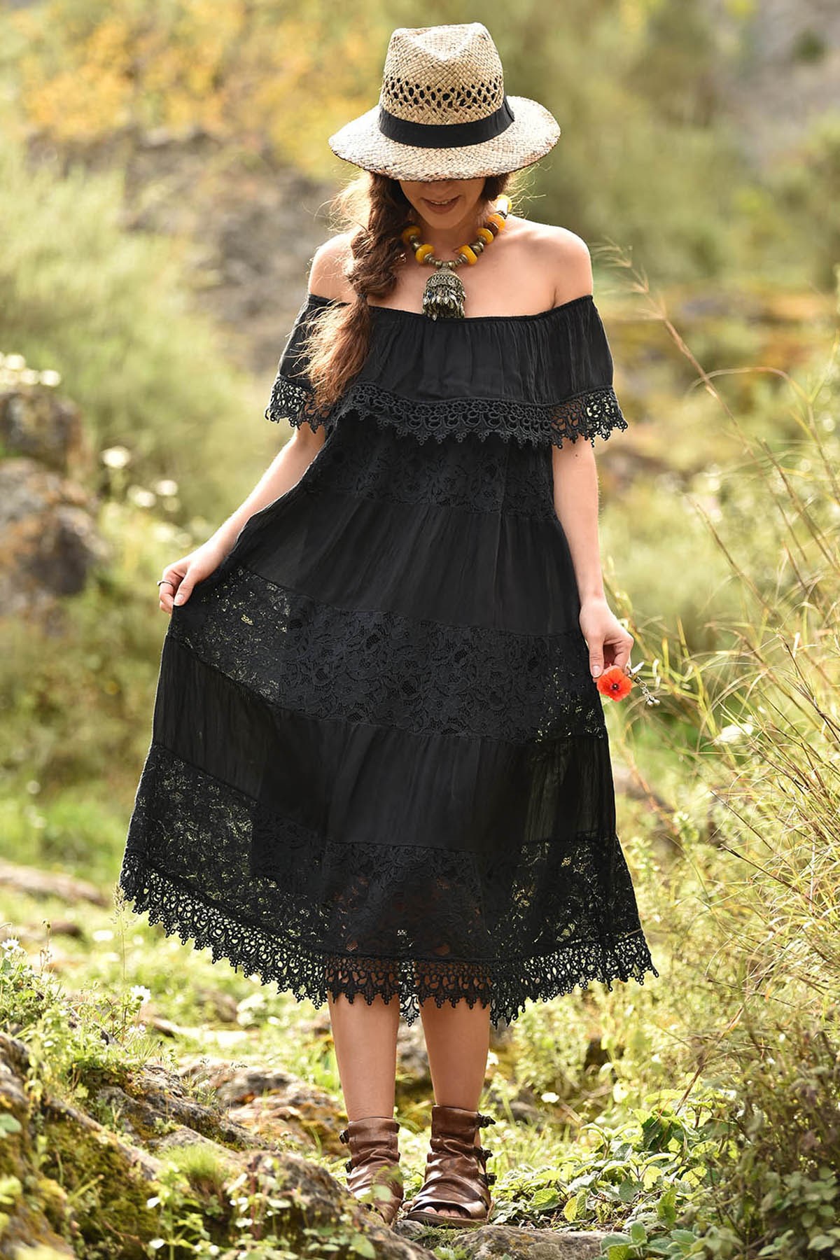 Madonna Collar Black Lace Dress - Şaman Butik | Boho Fashion