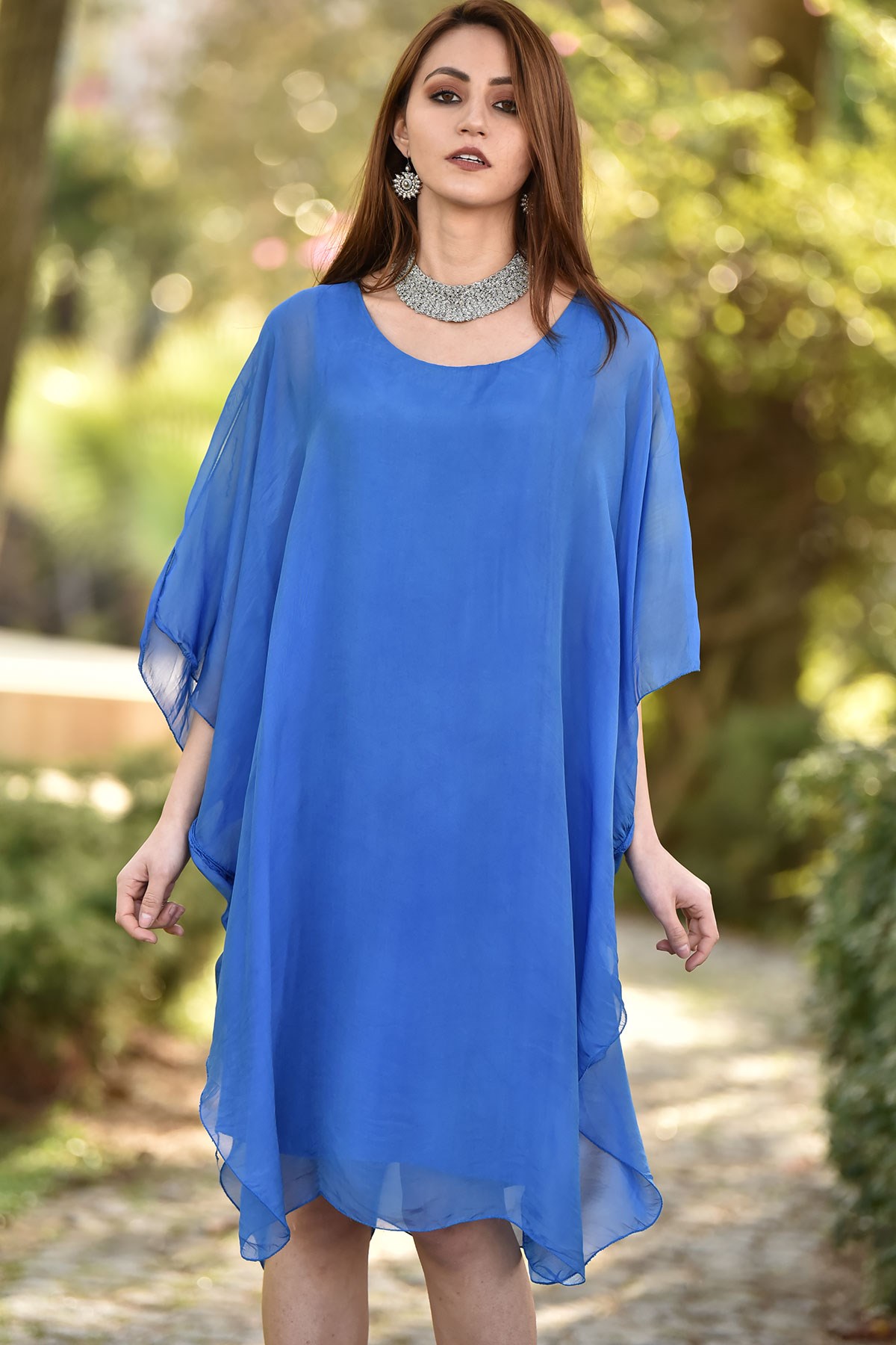 Blue Silk Bat Sleeve Short Dress - Şaman Butik | Boho Fashion