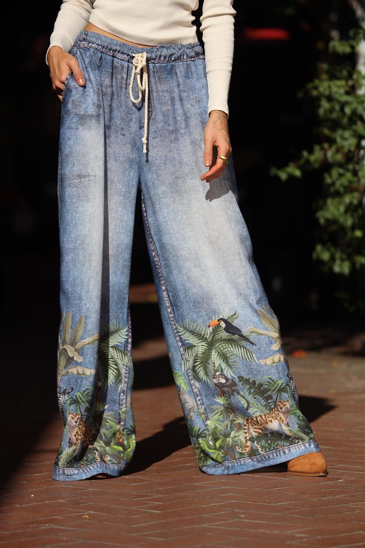 Mavi Renkli Baskılı Kot Görünümlü Salaş Pantolon