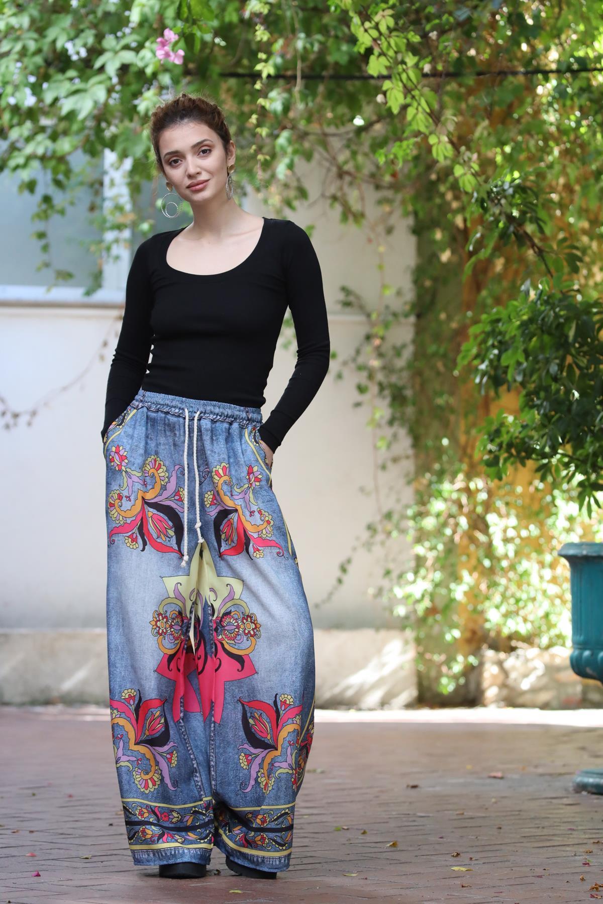 Mavi Renkli Baskılı Kot Görünümlü Salaş Pantolon