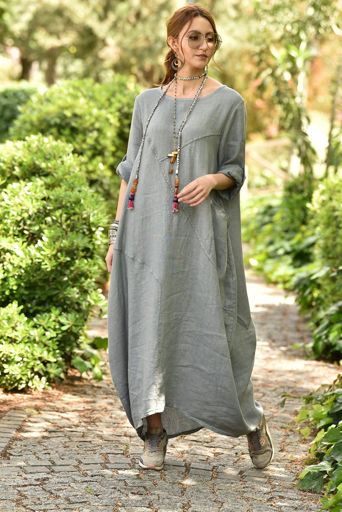 Mint U Neck Long Linen Dress - Şaman Butik | Boho Fashion