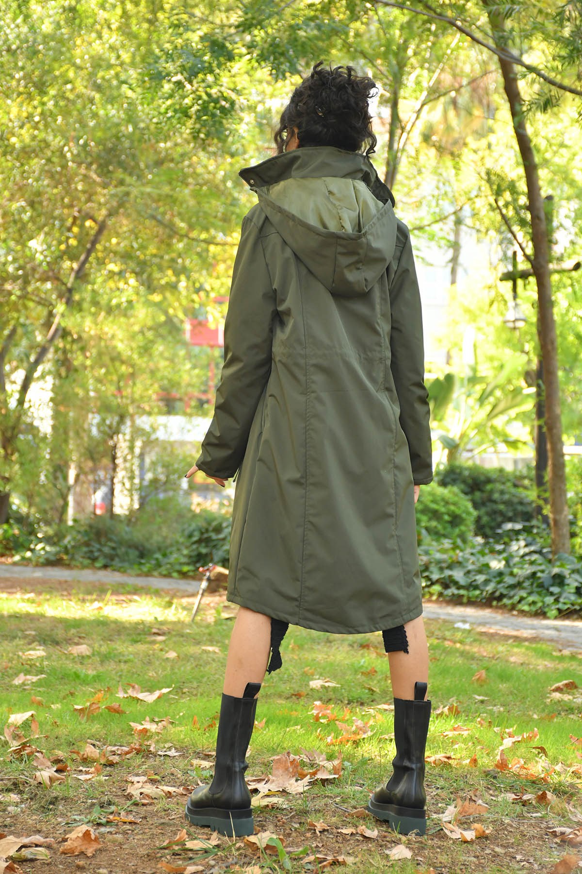 Khaki Elastic Waist Maxi Raincoat with Hood