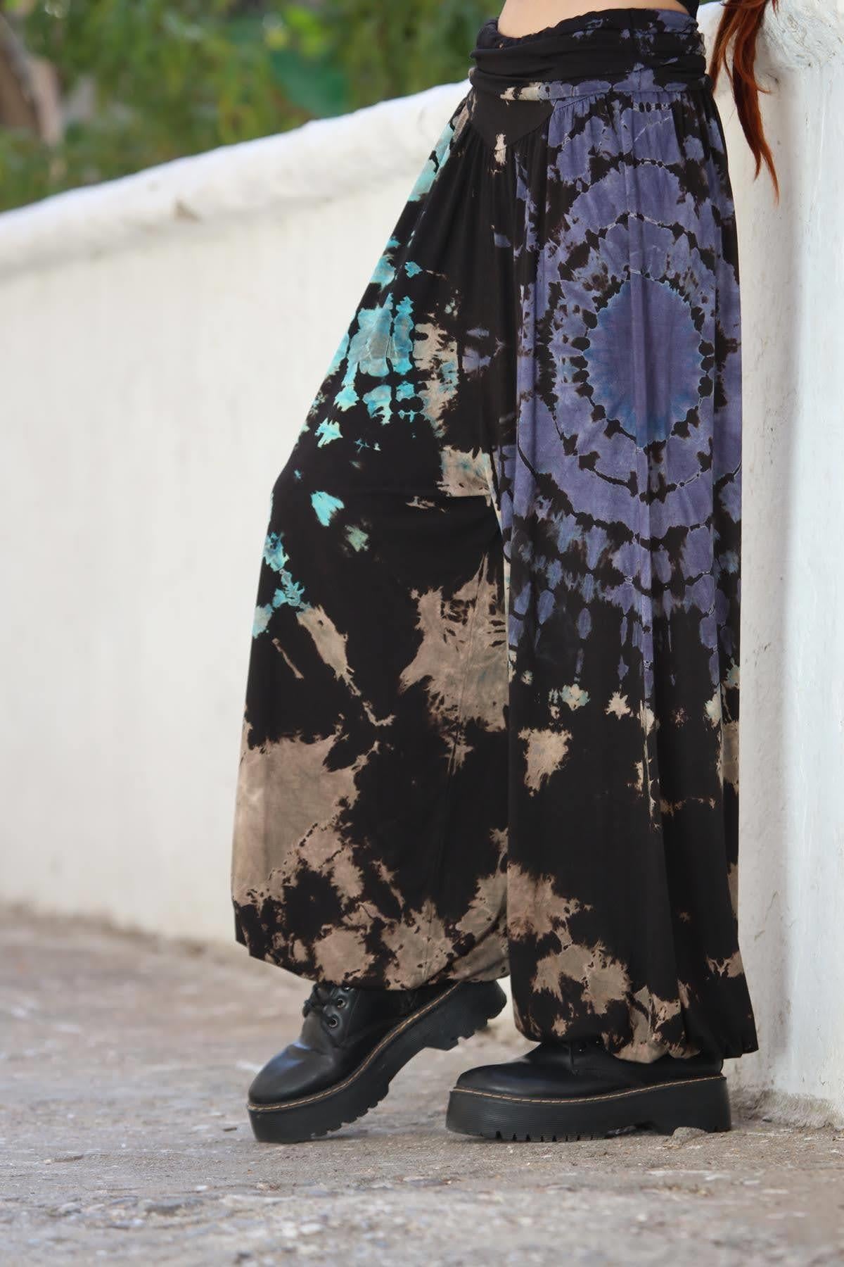 Mor Batikli Beli Drapeli Paçası Lastikli Şalvar Pantolon