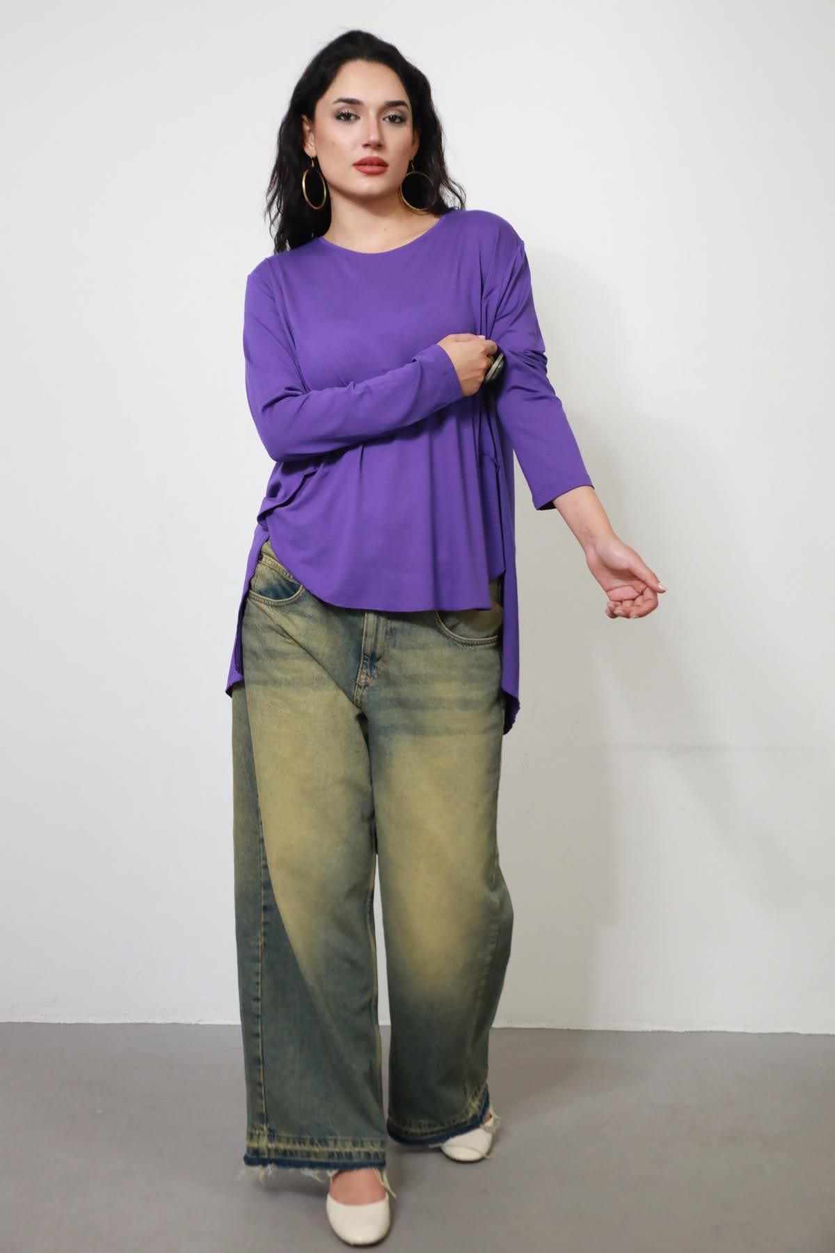 Mor Bisiklet Yaka Dikiş Detaylı Önü Kısa Tunik