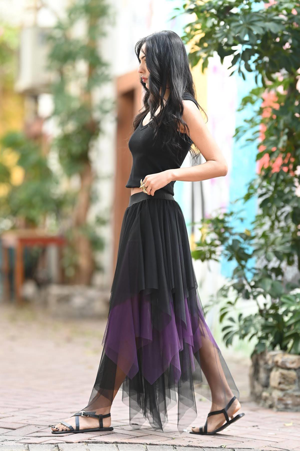 Mor Çift Renkli Kat Kat Tül Etek