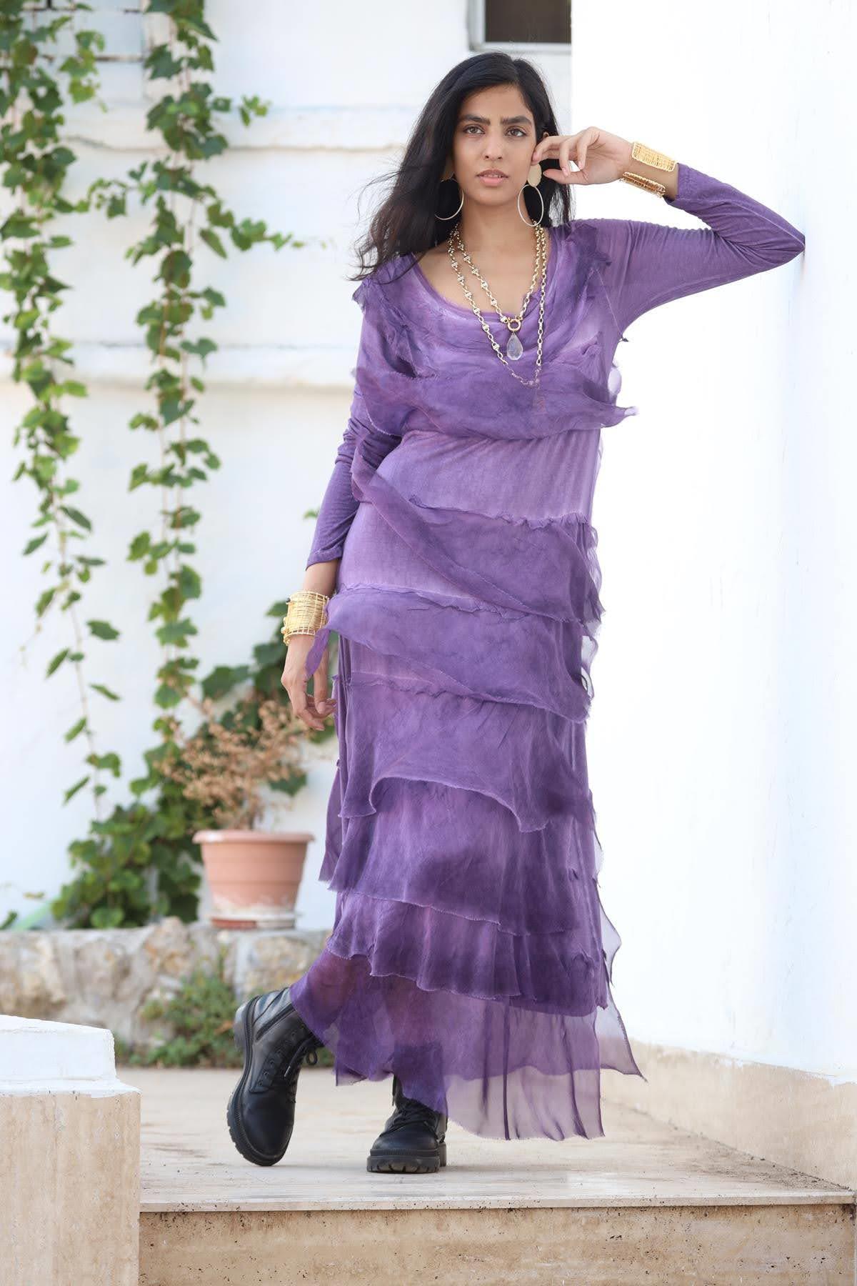 Mor İpek Kat Kat Uzun Elbise