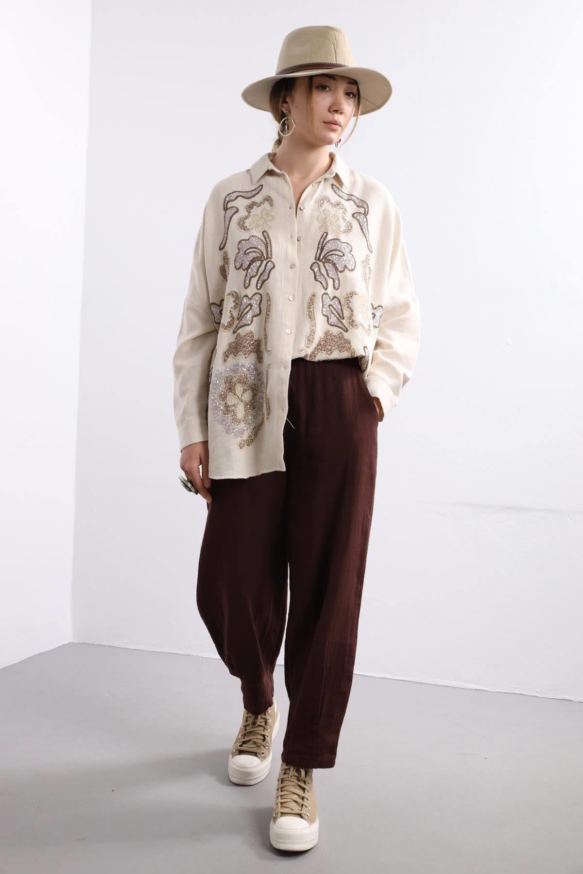 Dark Brown Elastic Waist Trousers - Saman Butik | Shop Online Dark Brown Elastic Waist Trousers
