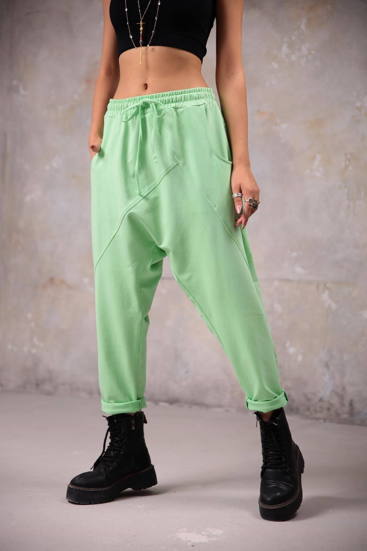 Lime Green Stitch Detail Trousers - Saman Butik | Shop Online Lime Green Stitch Detail Trousers