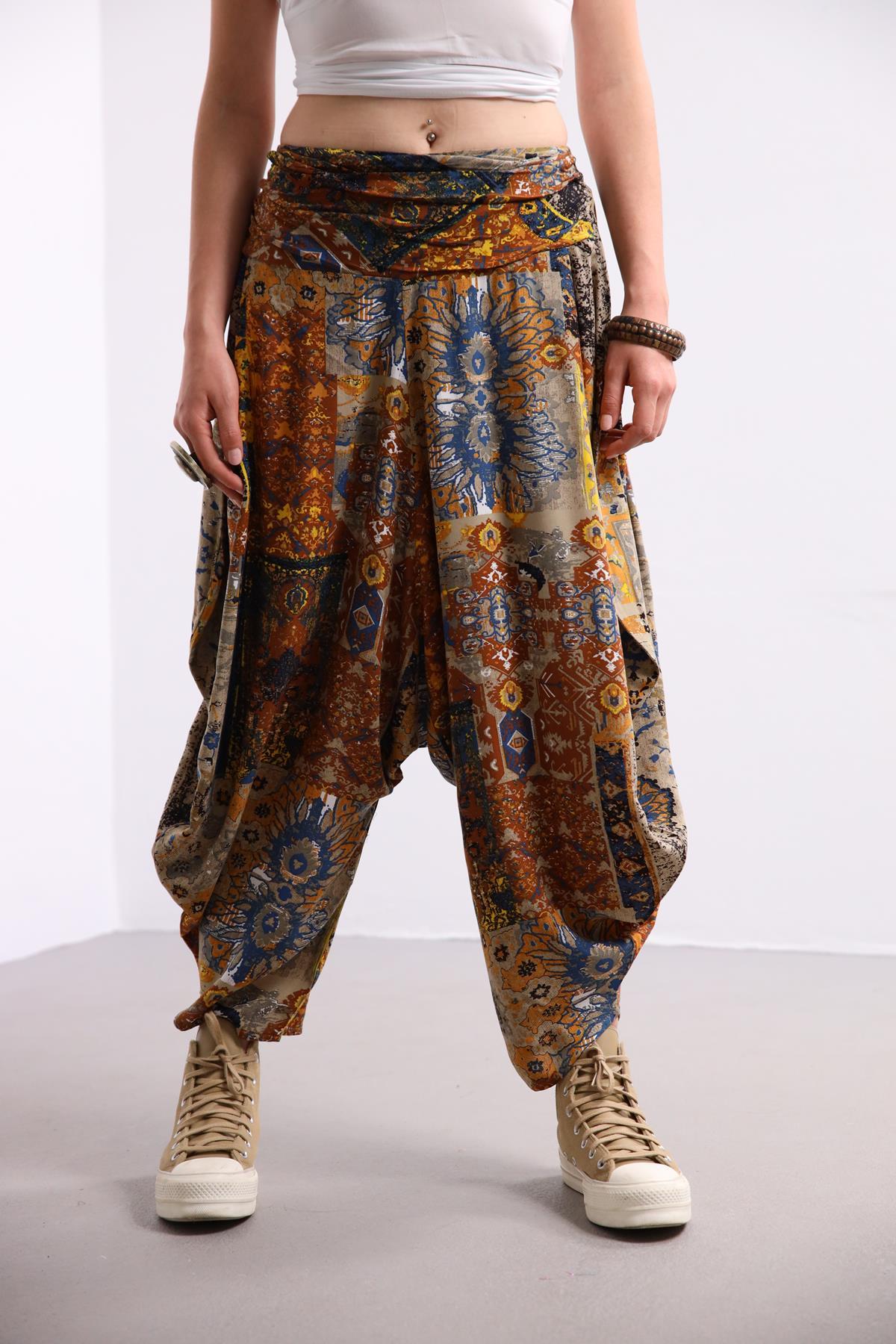 Bej Desenli Drape Bel Dökümlü Şalvar Pantolon - Şaman Butik Bej Desenli Drape Bel Dökümlü Şalvar Pantolon