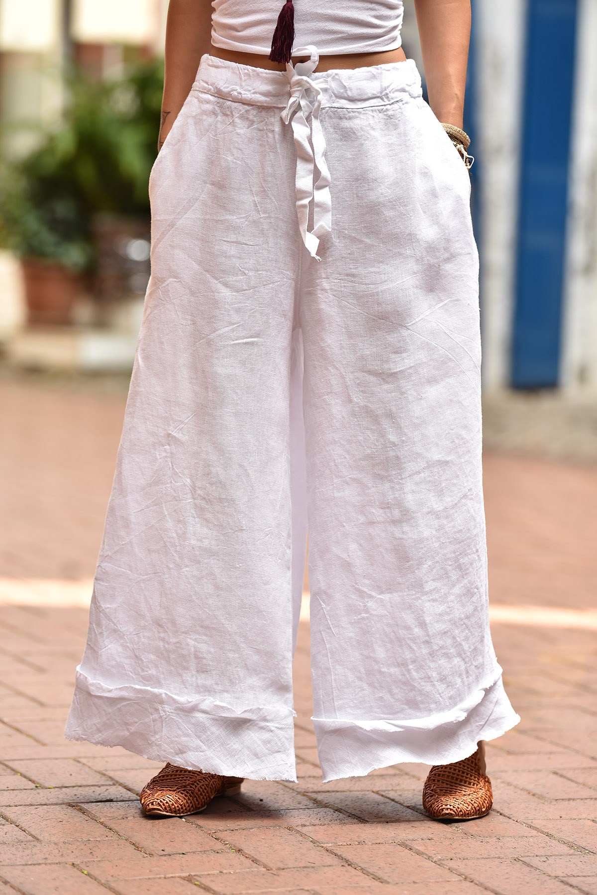 Beyaz Bol Paça Dikişli Keten Pantolon - Şaman Butik - Bohem Giyim ve  Aksesuar | Kadın & Erkek