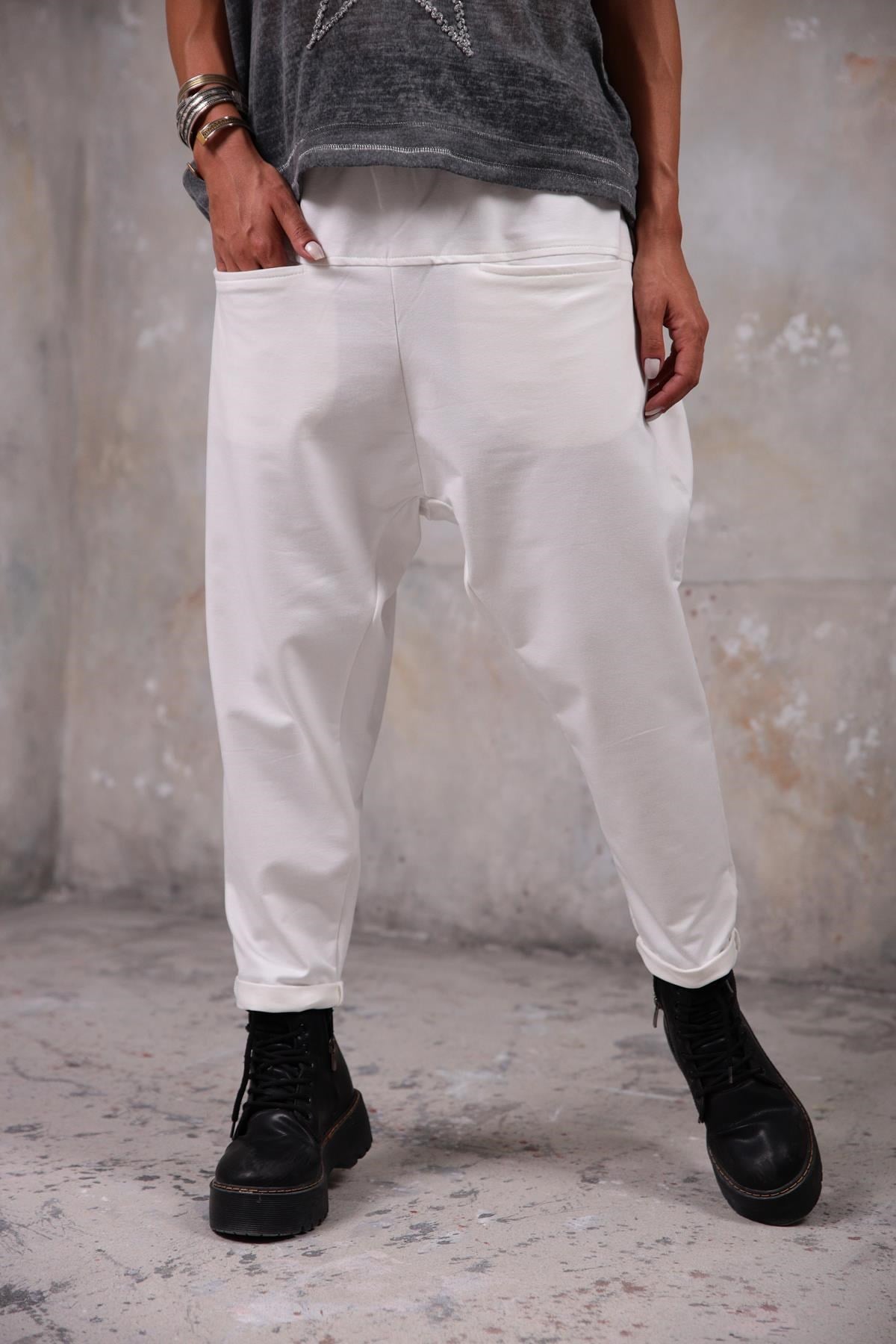 White Stitched Trousers with Pockets - Saman Butik | Shop Online White Stitched Trousers with Pockets