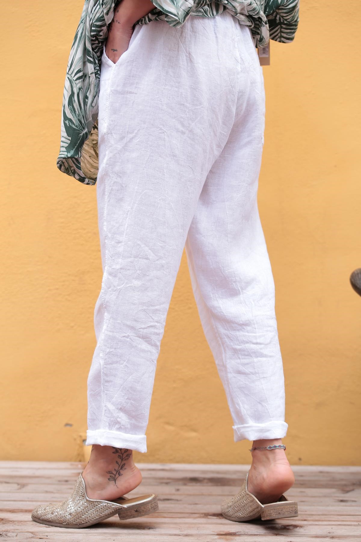 White Silvery Detailed Linen Trousers - Şaman Butik | Boho Fashion