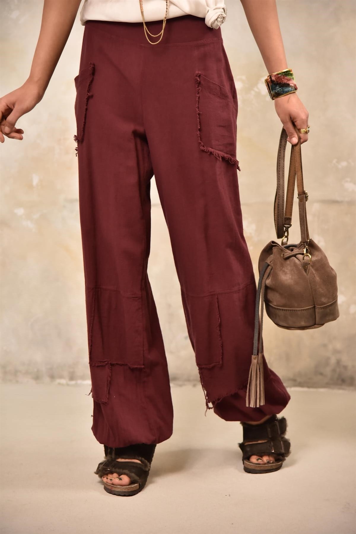 Bordo Cepleri Dikişli Pantolon - Şaman Butik Bordo Cepleri Dikişli Pantolon