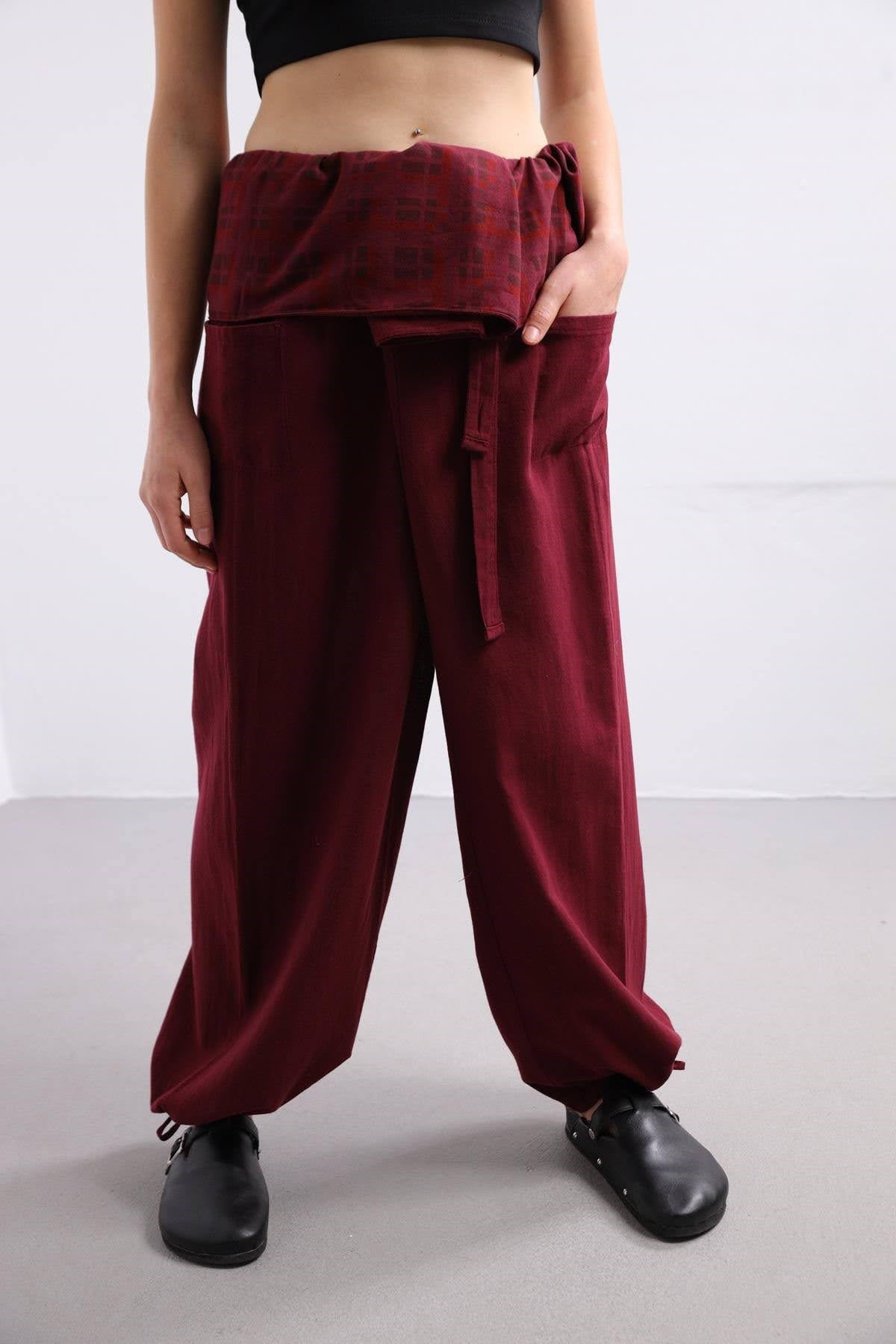 Bordo Desenli Balıkçı Pantolon - Şaman Butik Bordo Desenli Balıkçı Pantolon