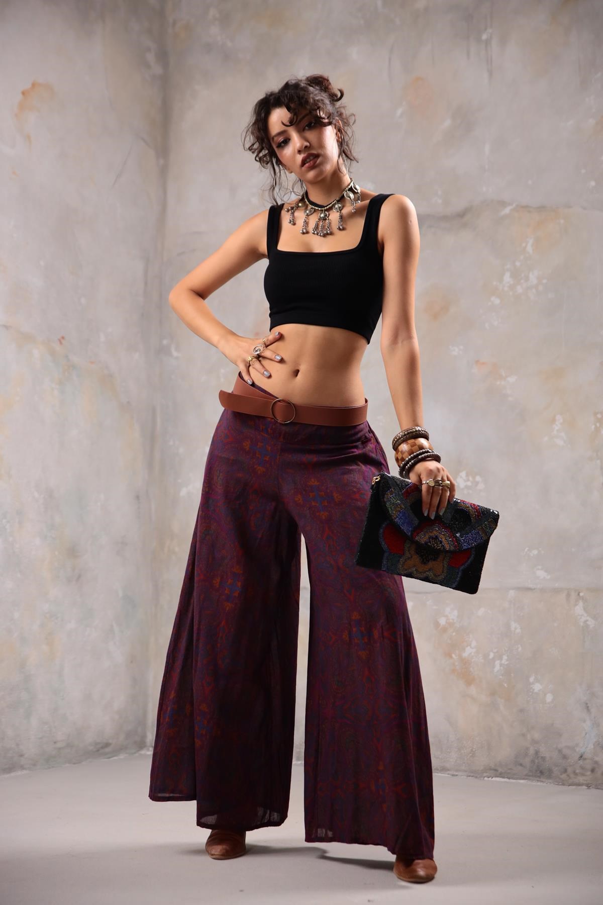 Bordo Desenli Yarasa Pantolon - Şaman Butik Bordo Desenli Yarasa Pantolon