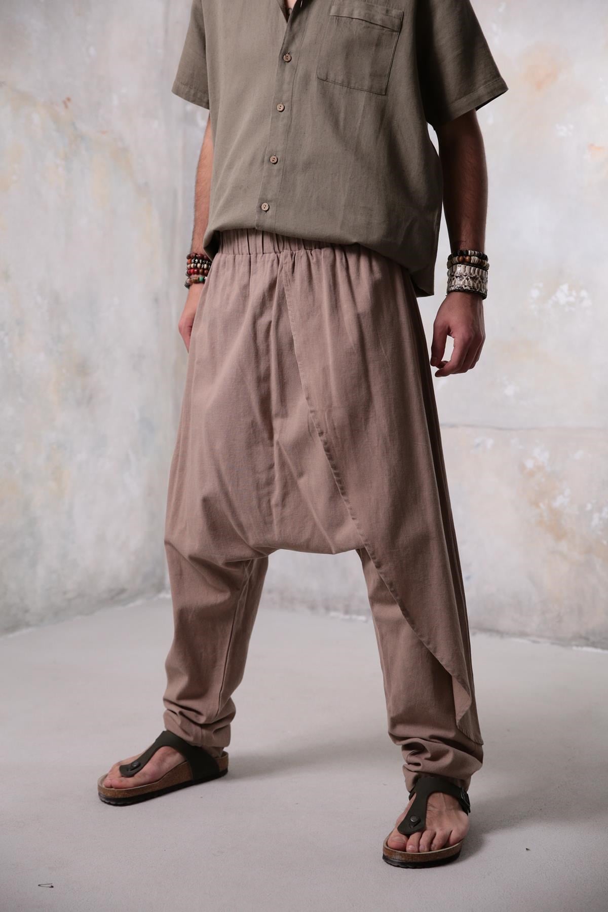 Camel Drop Crotch Trousers - Saman Butik | Shop Online Camel Drop Crotch Trousers