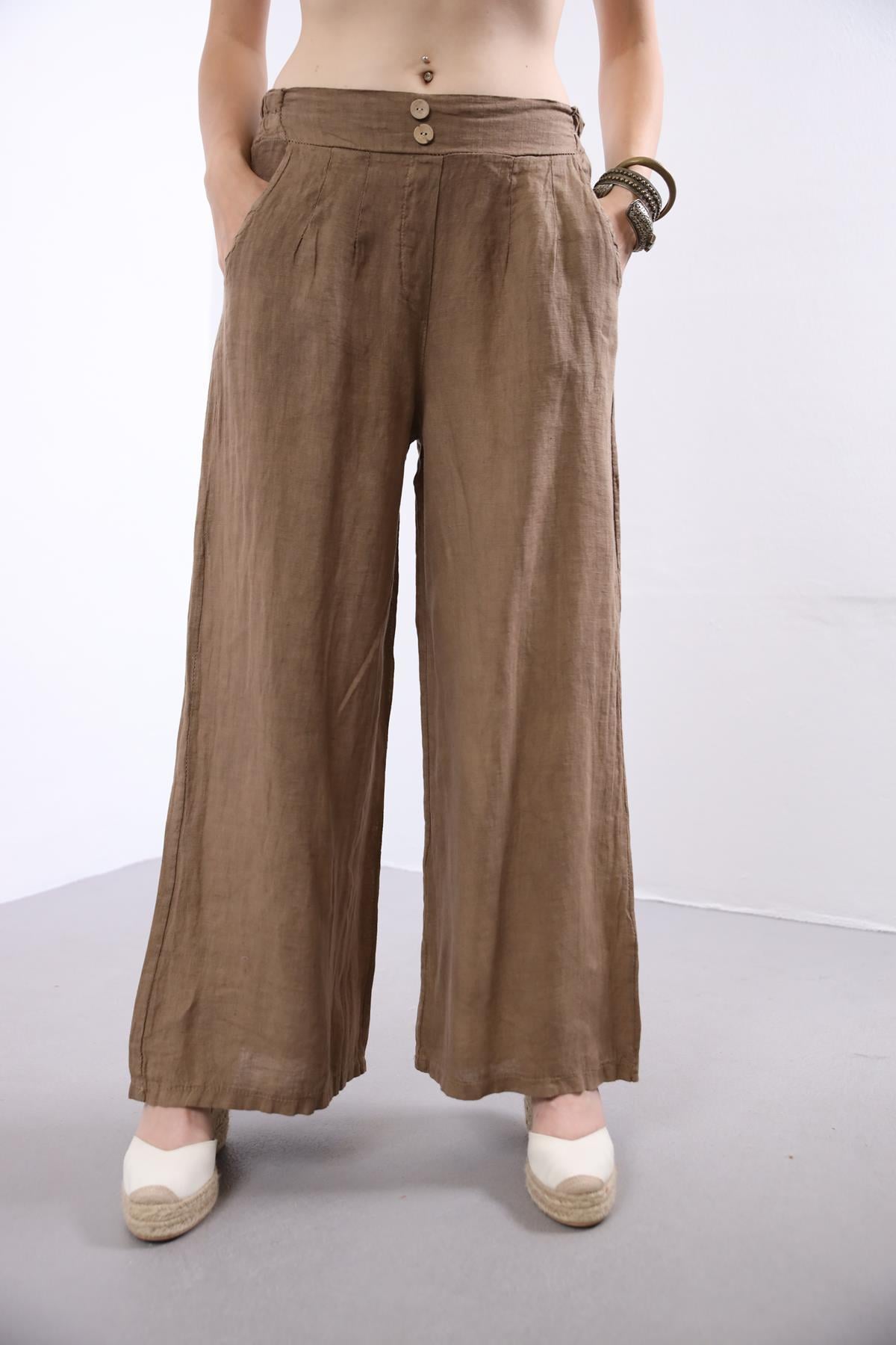 Camel Rengi Çift Düğmeli Bol Paça Keten Pantolon - Şaman Butik Camel Rengi Çift Düğmeli Bol Paça Keten Pantolon