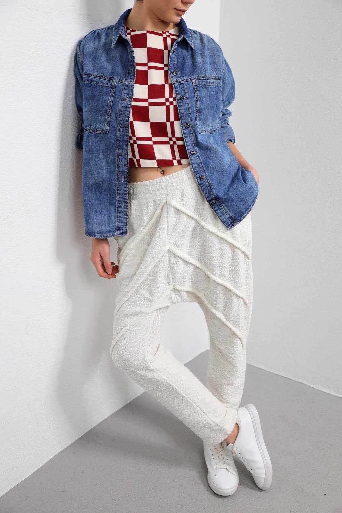 Ecru Stitched Detail Trousers - Saman Butik | Shop Online Ecru Stitched Detail Trousers