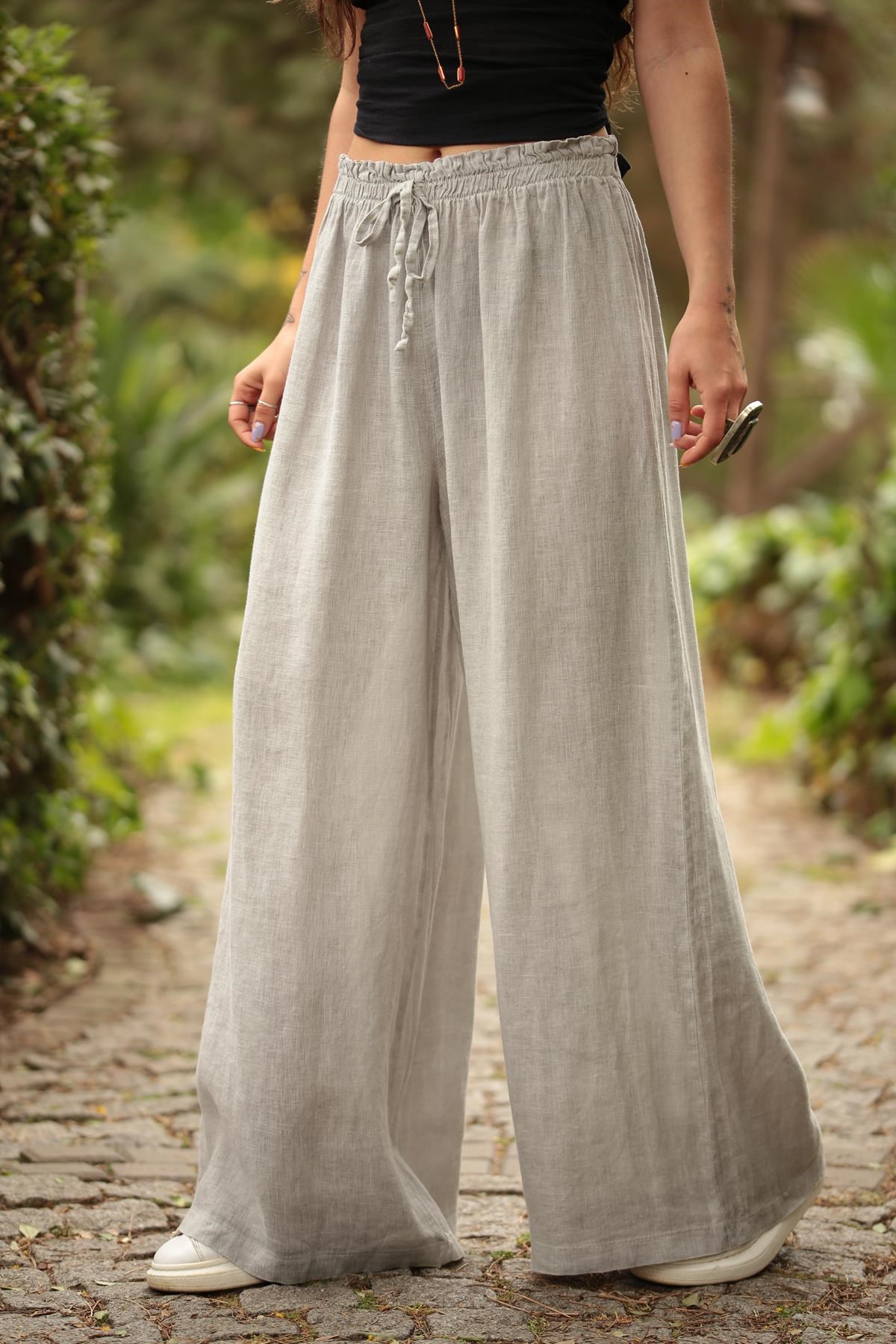 Gri Bağcıklı Salaş Keten Pantolon - Şaman Butik - Bohem Giyim ve Aksesuar |  Kadın & Erkek