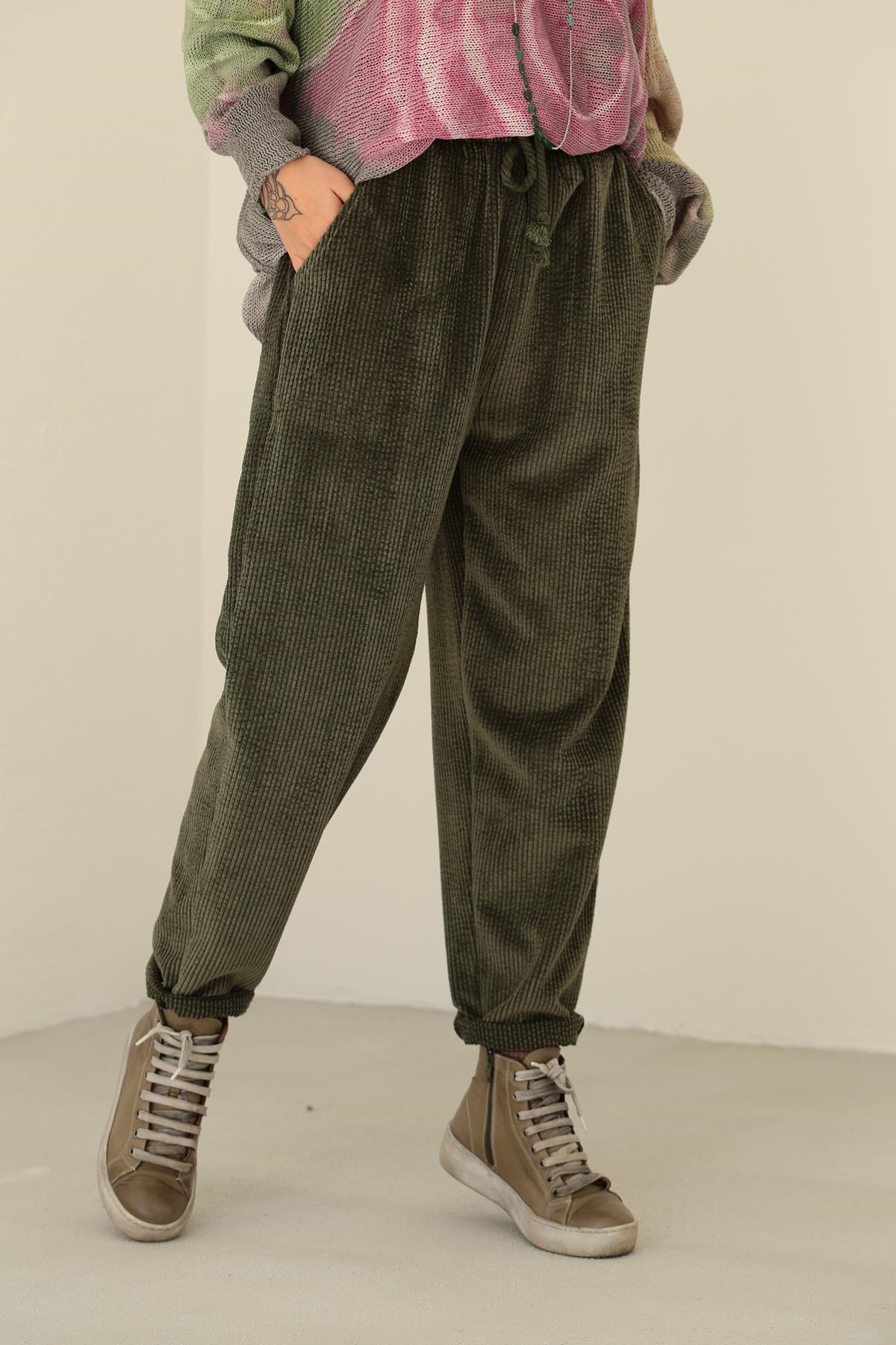 Khaki Elastic Waist Velvet Winter Trousers - Saman Butik | Shop Online