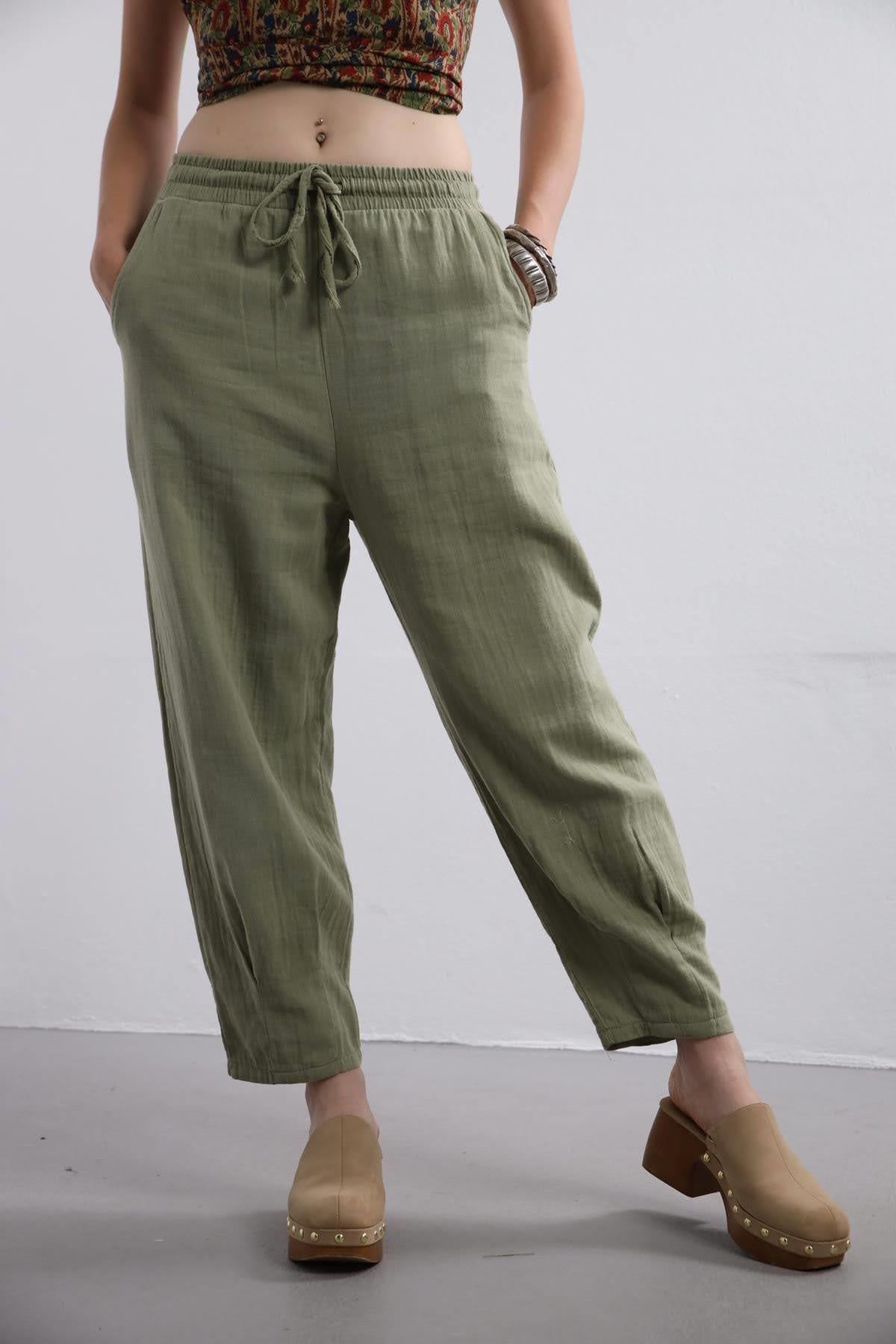 Khaki Elastic Waist Trousers - Saman Butik | Shop Online Khaki Elastic Waist Trousers