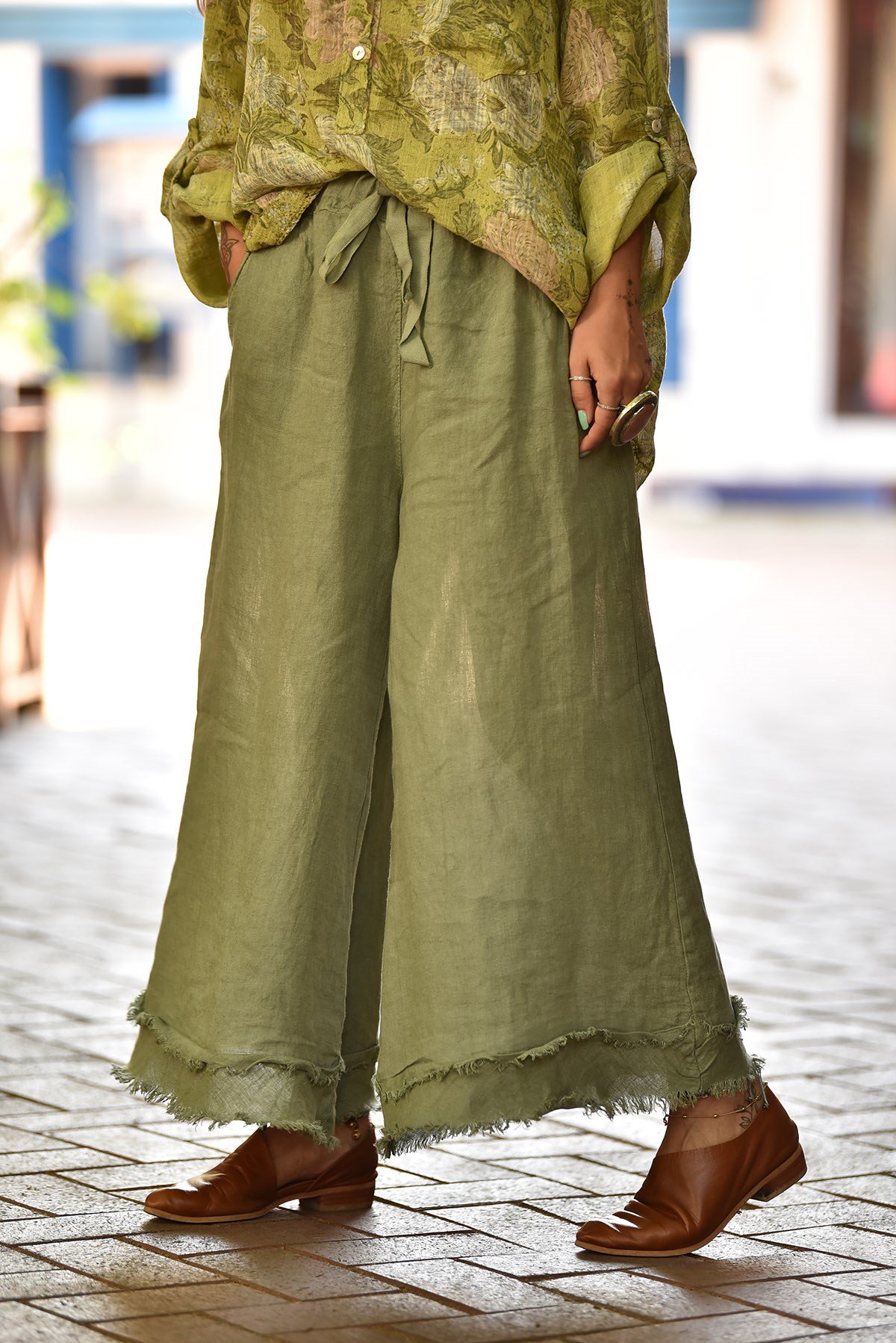 Haki Bol Paça Dikişli Keten Pantolon - Şaman Butik - Bohem Giyim ve  Aksesuar | Kadın & Erkek