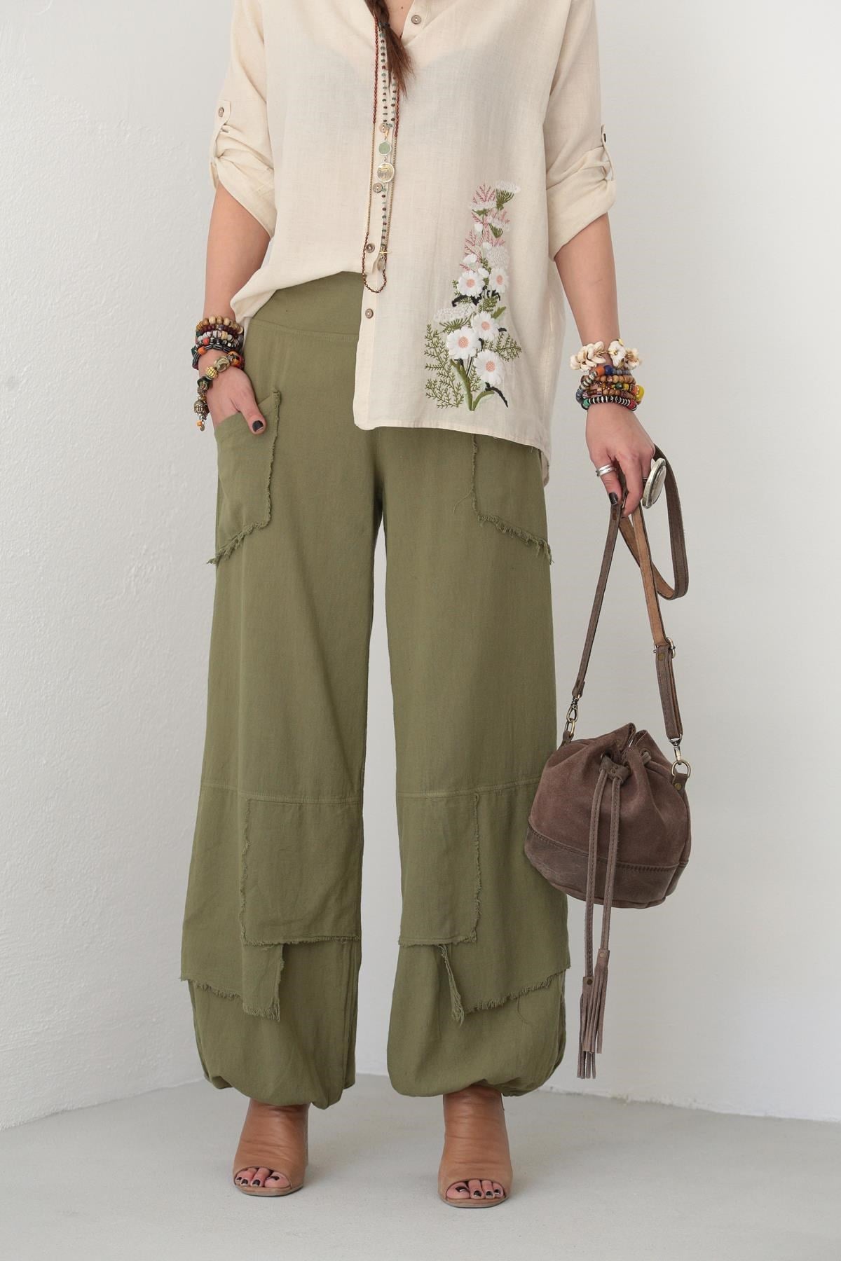 Haki Cepleri Dikişli Pantolon - Şaman Butik - Bohem Giyim ve Aksesuar | Kadın & Erkek Haki Cepleri Dikişli Pantolon
