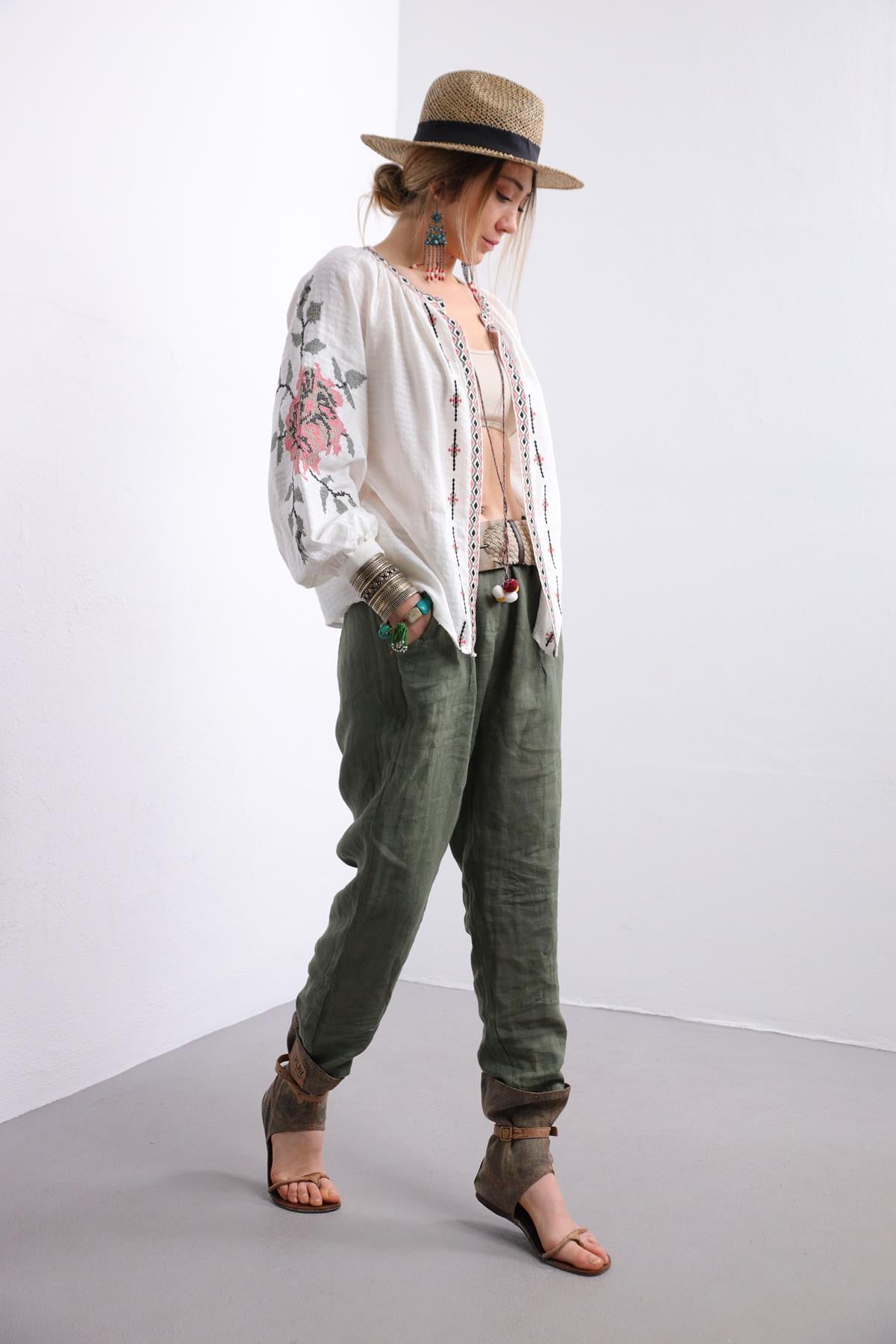 Khaki Judith Linen Trousers - Şaman Butik | Boho Fashion Khaki Judith Linen Trousers